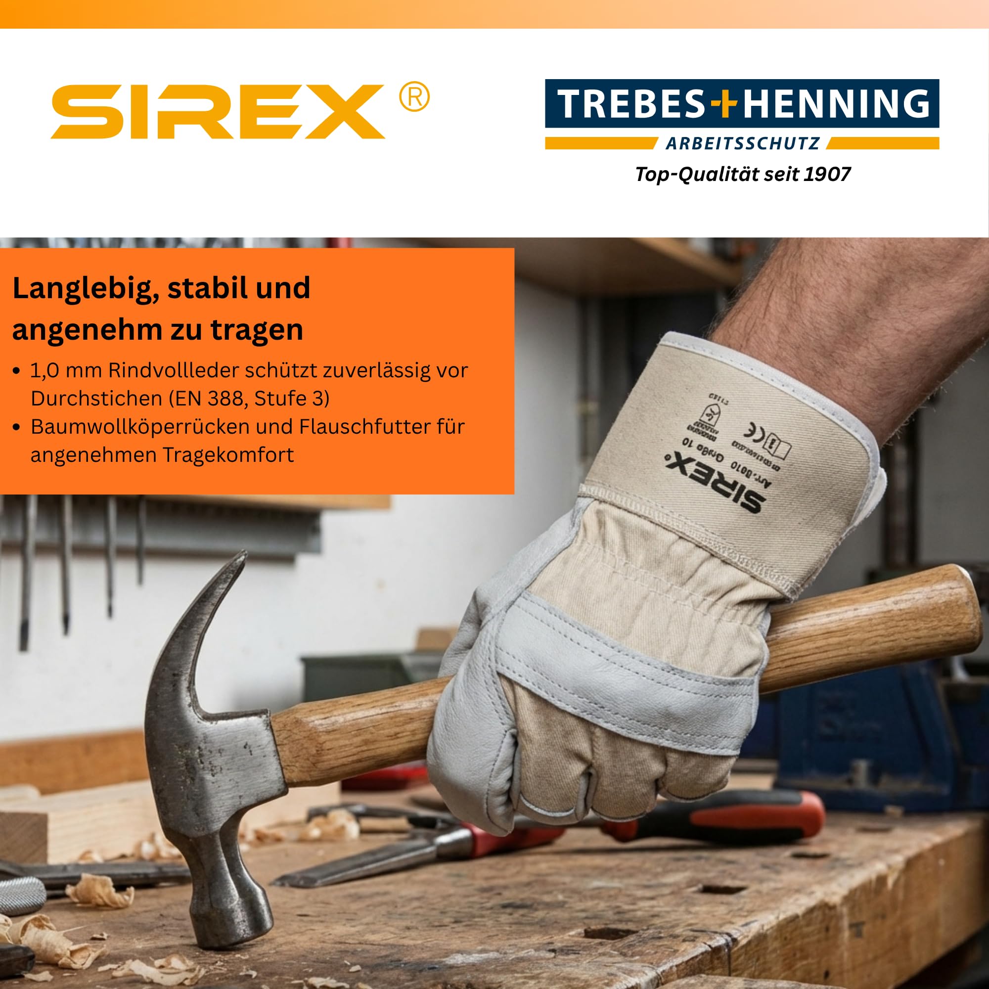 Sirex R610 Rindvollleder Arbeitshandschuhe gefüttert, 12 Paar - Robuster Lederhandschuh mit Doppelnaht & Knöchelschutz, gummierte Stulpe, Baumwollrücken, Bauhandschuhe Grau/Beige, EN 388