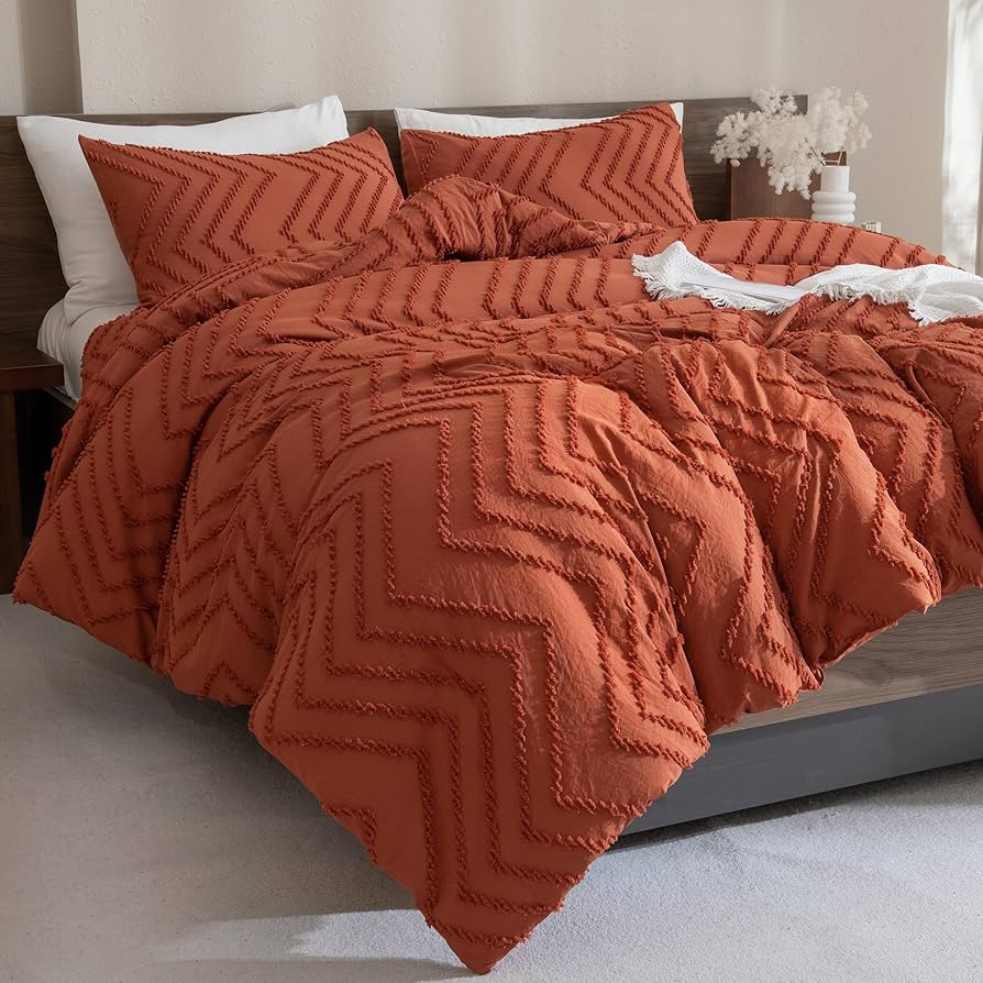 Andency Burnt Orange King Size Comforter, Boho Terracotta Soft Warm Bedding Comforter Sets for King Bed, 3 Pieces Rust Chevron Tufted Aesthetic Microfiber Lightweight Comforter Set