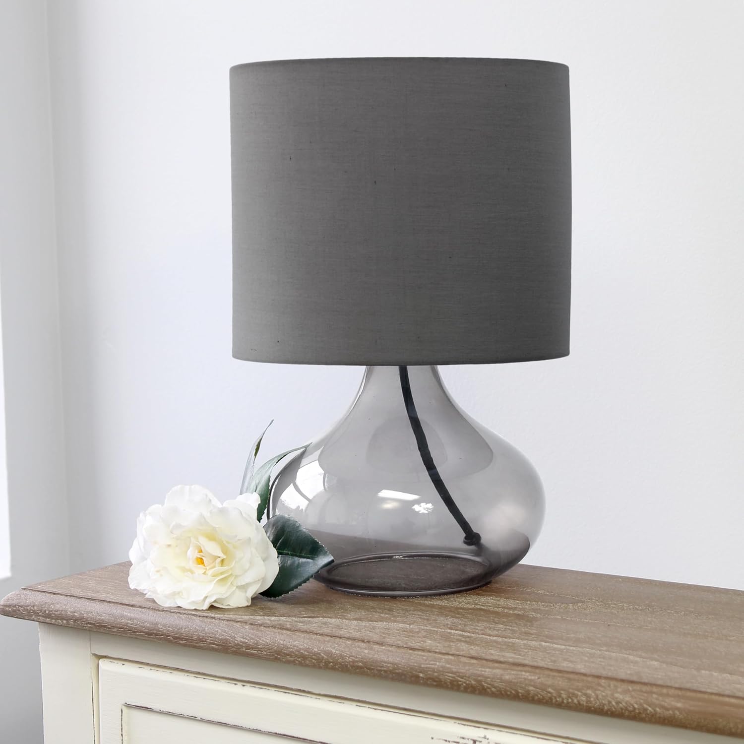 Simple Designs LT2063-SMG Small Glass Raindrop Bedside Table Lamp with Gray Fabric Shade, Smoke
