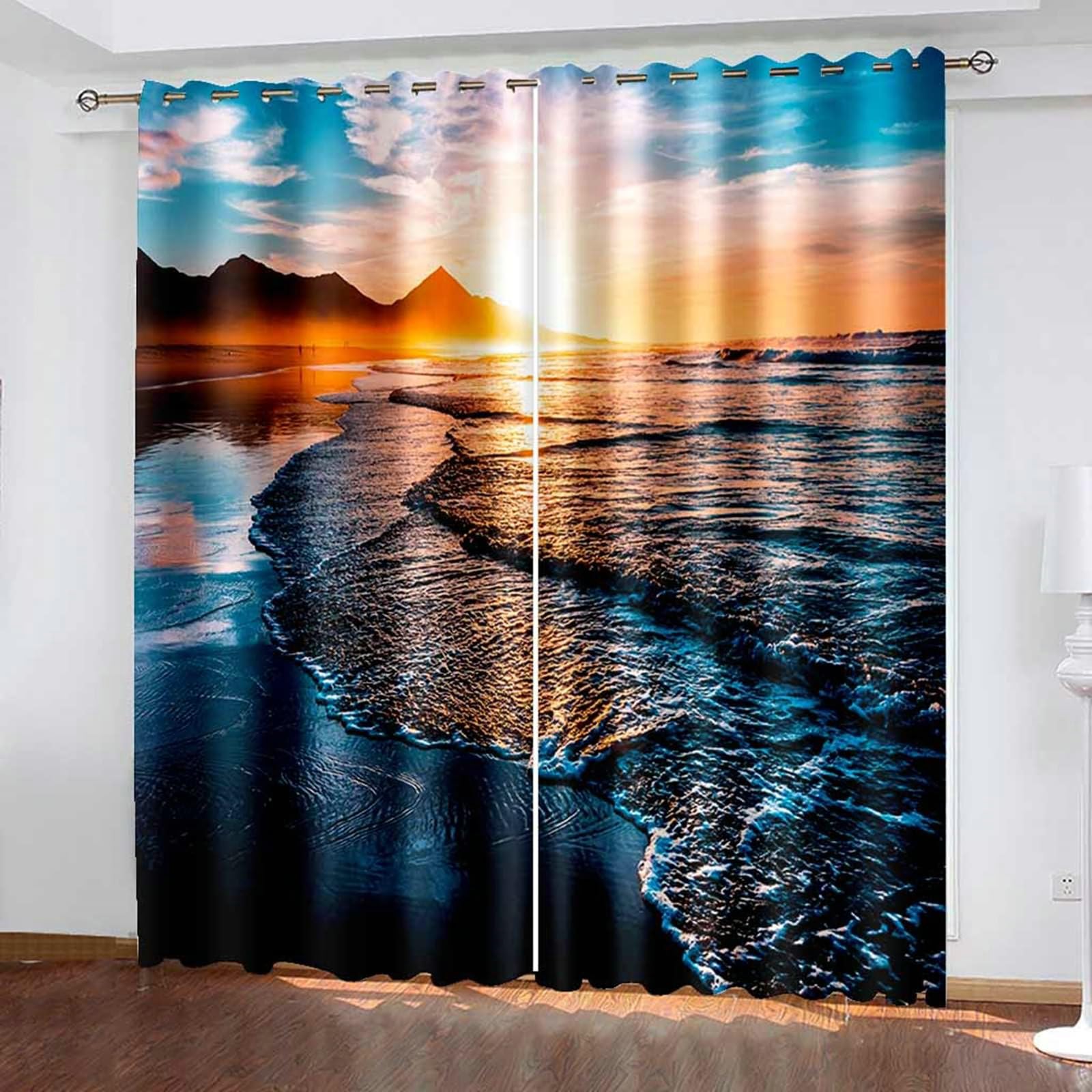 Gualiy Vorhänge Blickdicht Ösen 2er Set, Vorhänge 137x229 Meeresstrand und Sonnenaufgang Fenstervorhang Verdunkelung