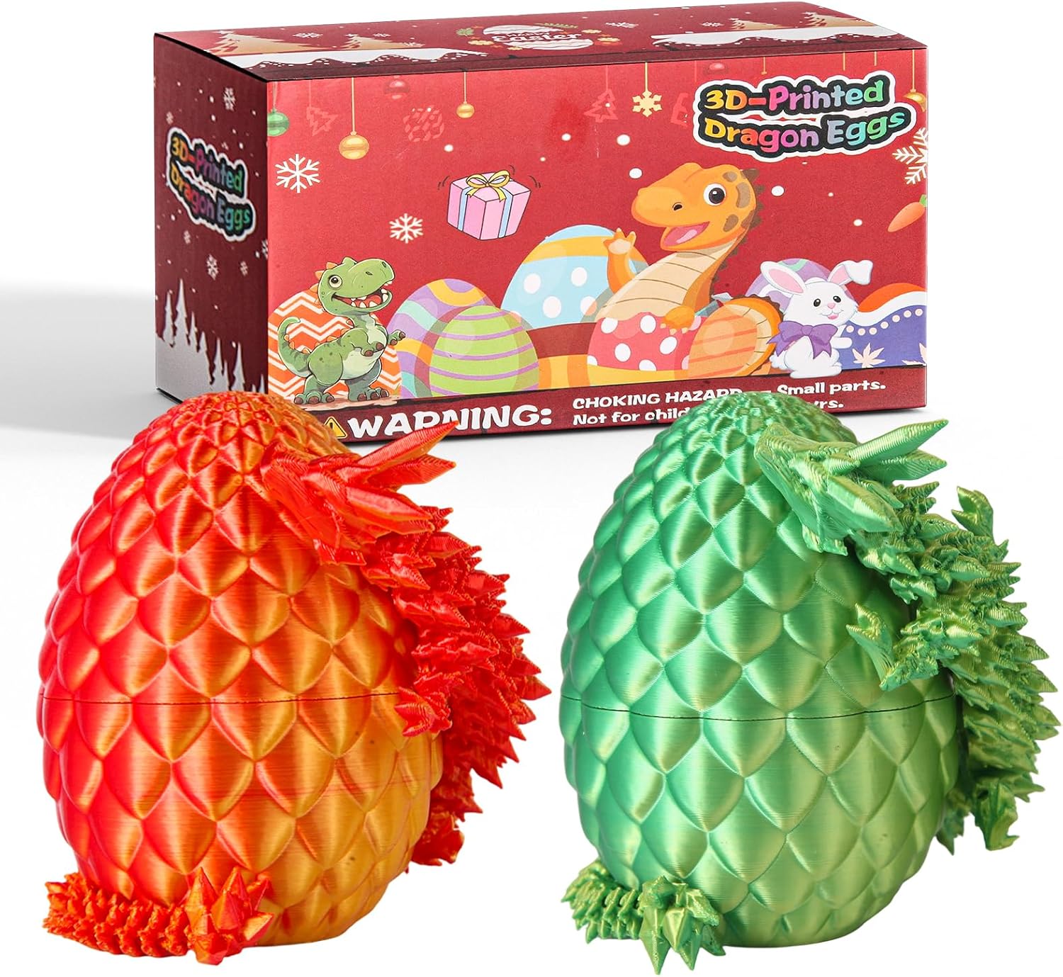 2-Pack 3D Printed Dragons Egg Fidget Toy-Articulated Crystal Animal Designs for Kids,Perfect Mysterys Easter Eggs&Dinosaur-Themed Gifts for Boys and Girl (Golden red + Yellowish Green)