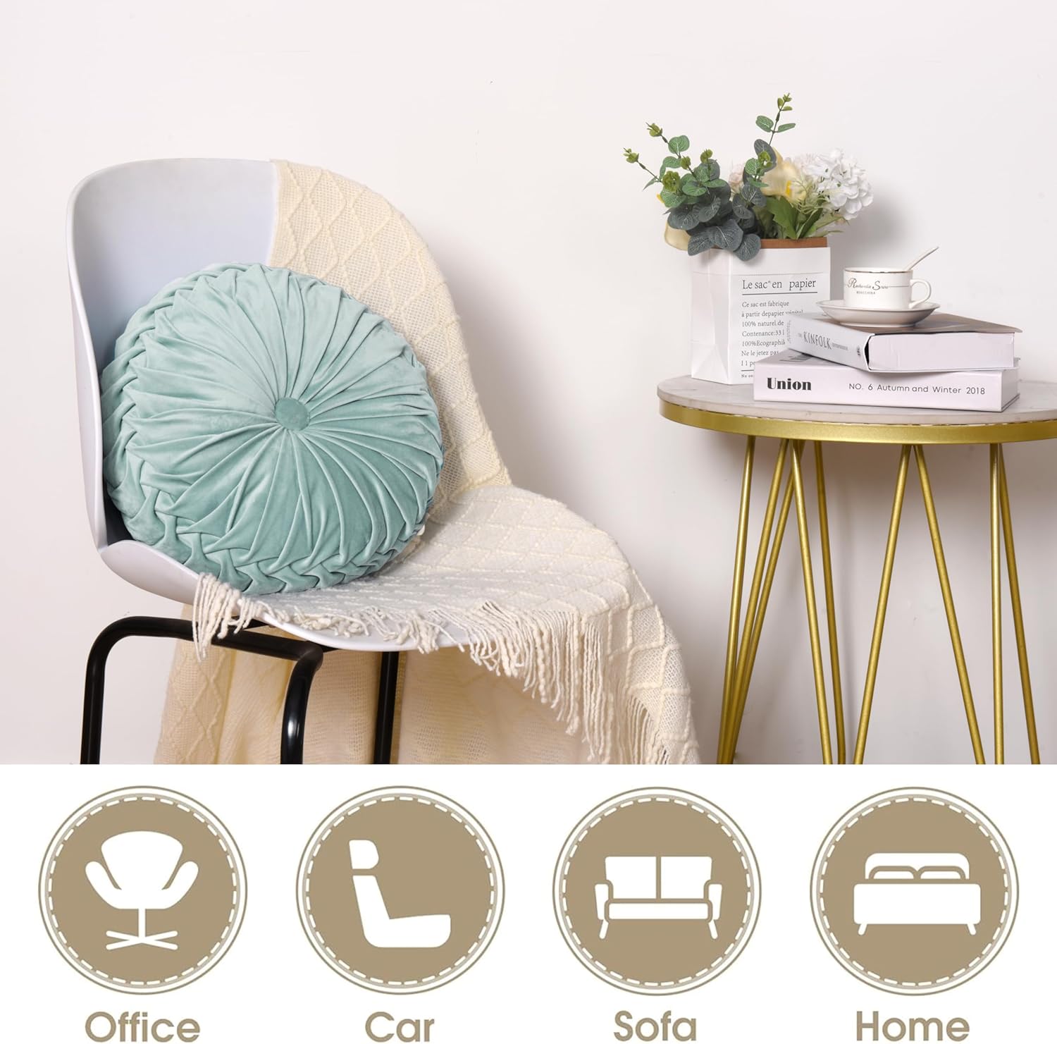 HIG Set of 2 Aqua Ruched Velvet Round Throw Pillows – 14.5’’ Decorative Pillows with Soft Polyester Filling for Couch, Bed, Living Room, Bedroom, or Dorm – Handmade, Stress Relieving, All-Season