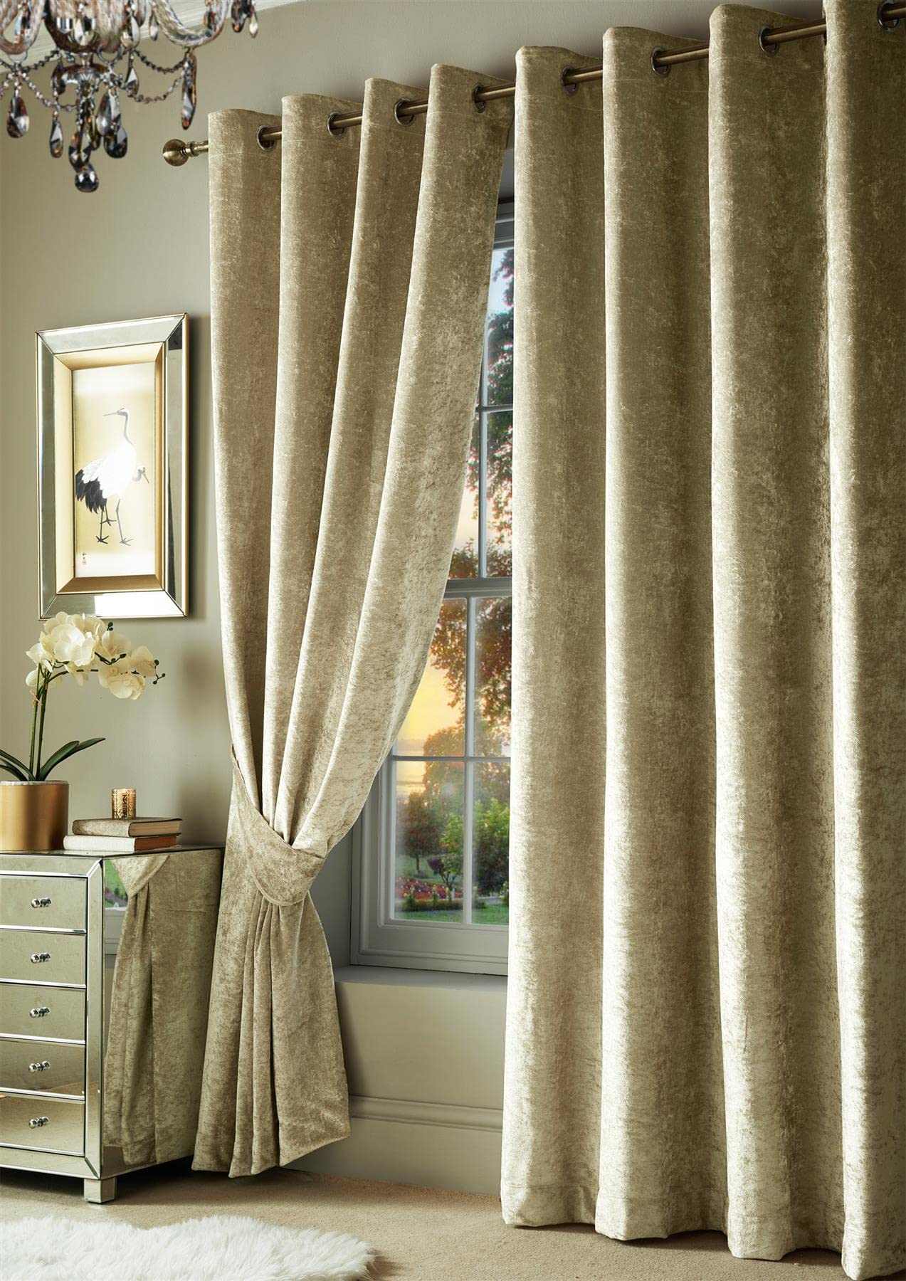 Roseley Crushed Velvet Curtains Eyelet Ring Top Fully Lined For Living Room Kitchen Bedroom 2 Panels Tiebacks Included (Champagne, 46 x 54'')