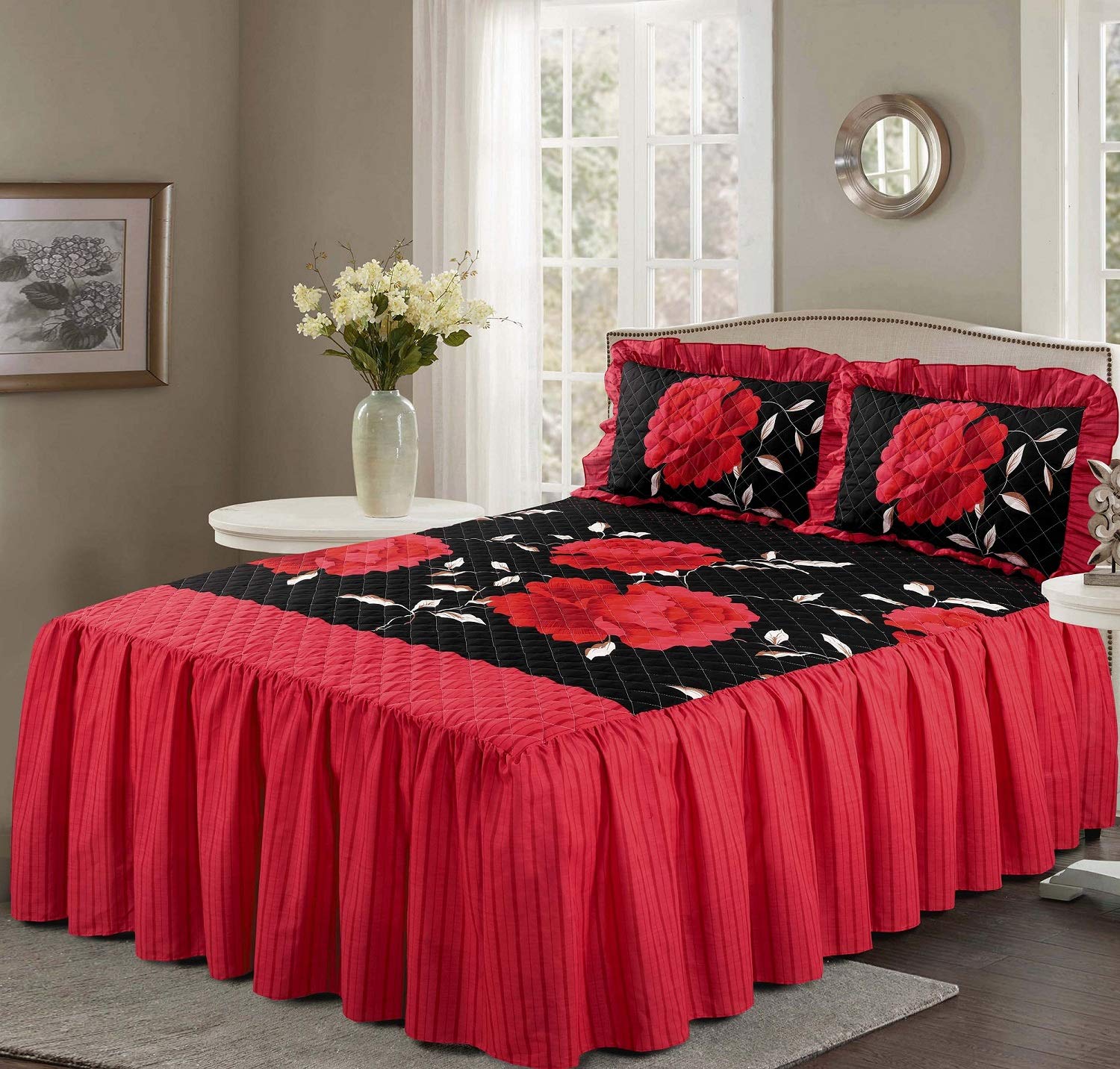 Voice7 Luxurious ROSALEEN Quilted Bedspread Floral - Valance Style 23 inch Deep Frilled Bedspread with One Pillow Sham (Black/Red, SINGLE 2 Piece)