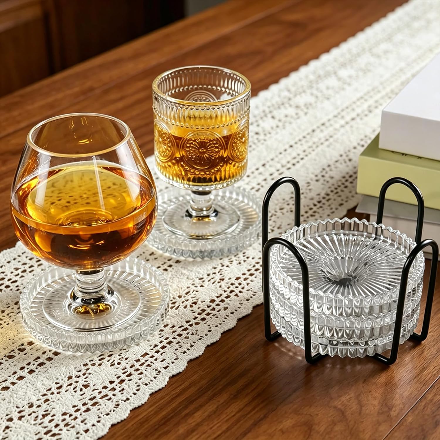 Glass Coasters for Drinks Set of 5 with Holder