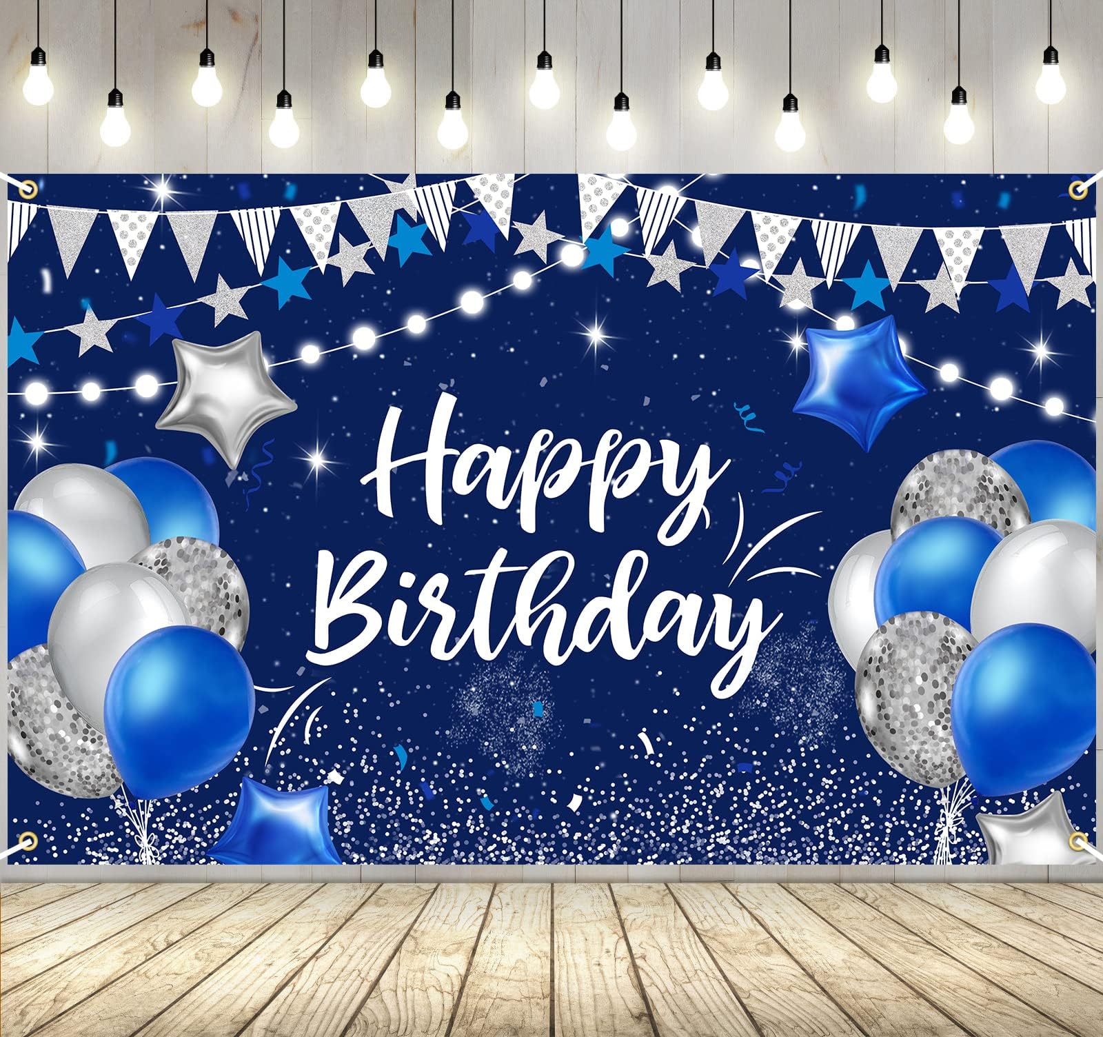Blue Happy Birthday Background Banner Decoration,Navy Blue And Silver Birthday Background Sign,Birthday Party Photography Photo Wall Suitable Kids Men Women Decorations (62.4*39.6) Inch