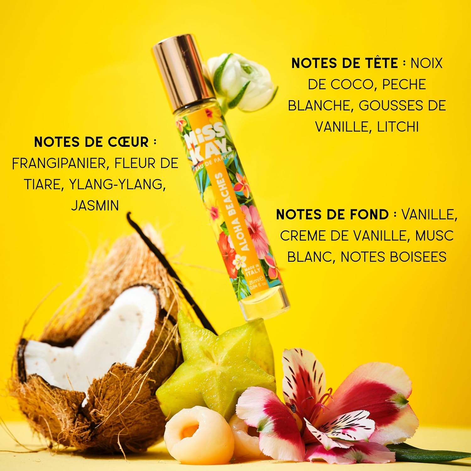 Miss Kay Aloha Beaches Eau de Parfum 25ml - Warm Exotic Scent - Notes of Coconut, White Peach & Vanilla Bean - Made in Italy, 100% Vegan, Cruelty Free & Paraben Free