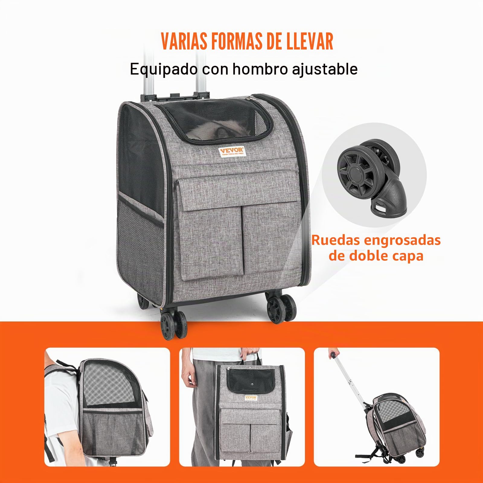 VEVOR Transportín para Mascotas con Ruedas Carga de 8,1 kg Maleta para Gatos 34x28x42 cm Transportador para Mascotas con Asa Telescópica Correa para Hombro Cremallera con Autocierre para Perros, Gris