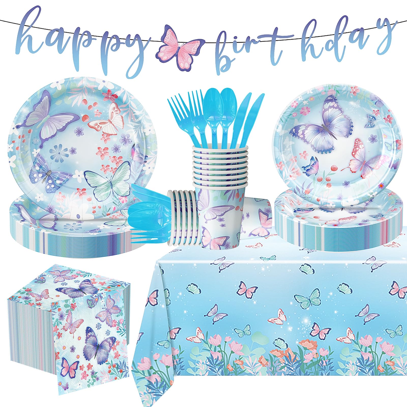 Butterfly Birthday Party Decorations, Party Supplies Disposable Paper Plates Napkins Cups Cutlery Tablecloth and Banner for Girl Butterfly Party Decorations, Serves 24 (Blue)