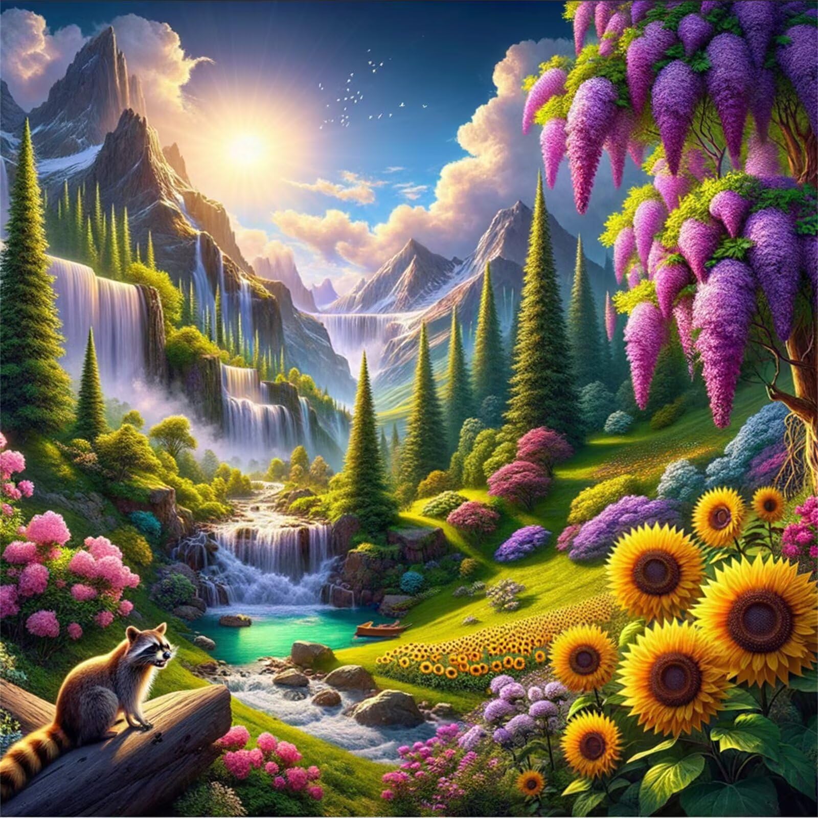 Umfarvt 5D Waterfall Pine Diamond Painting Kits for Adults Kids,DIY Round Full Drill Diamond Art Painting Kits,Canvas Embroidery Diamond Art Craft for Home Wall Decor 50x50cm