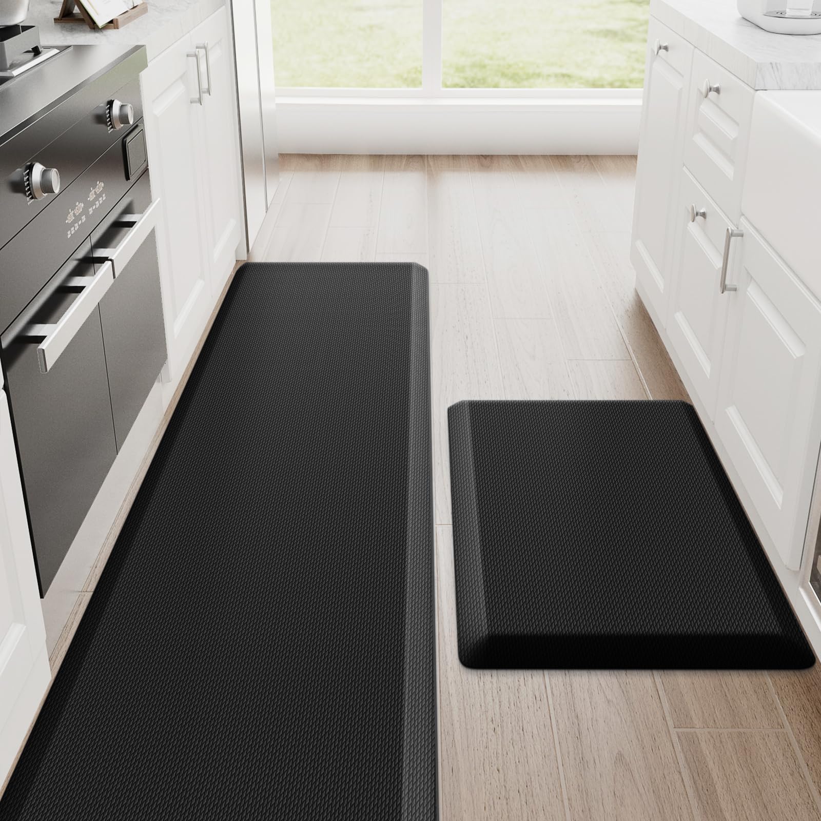 StepRite Kitchen Mats, 2PCS Kitchen Rugs, Cushioned Anti Fatigue Kitchen Mats for Floor, Non-Slip Standing Desk Mat, Waterproof Kitchen Rug Set for Kitchen, 20" x 32"+20" x 72"-Full 1 inch Thick,BlackOEKO-TEX STANDARD 100