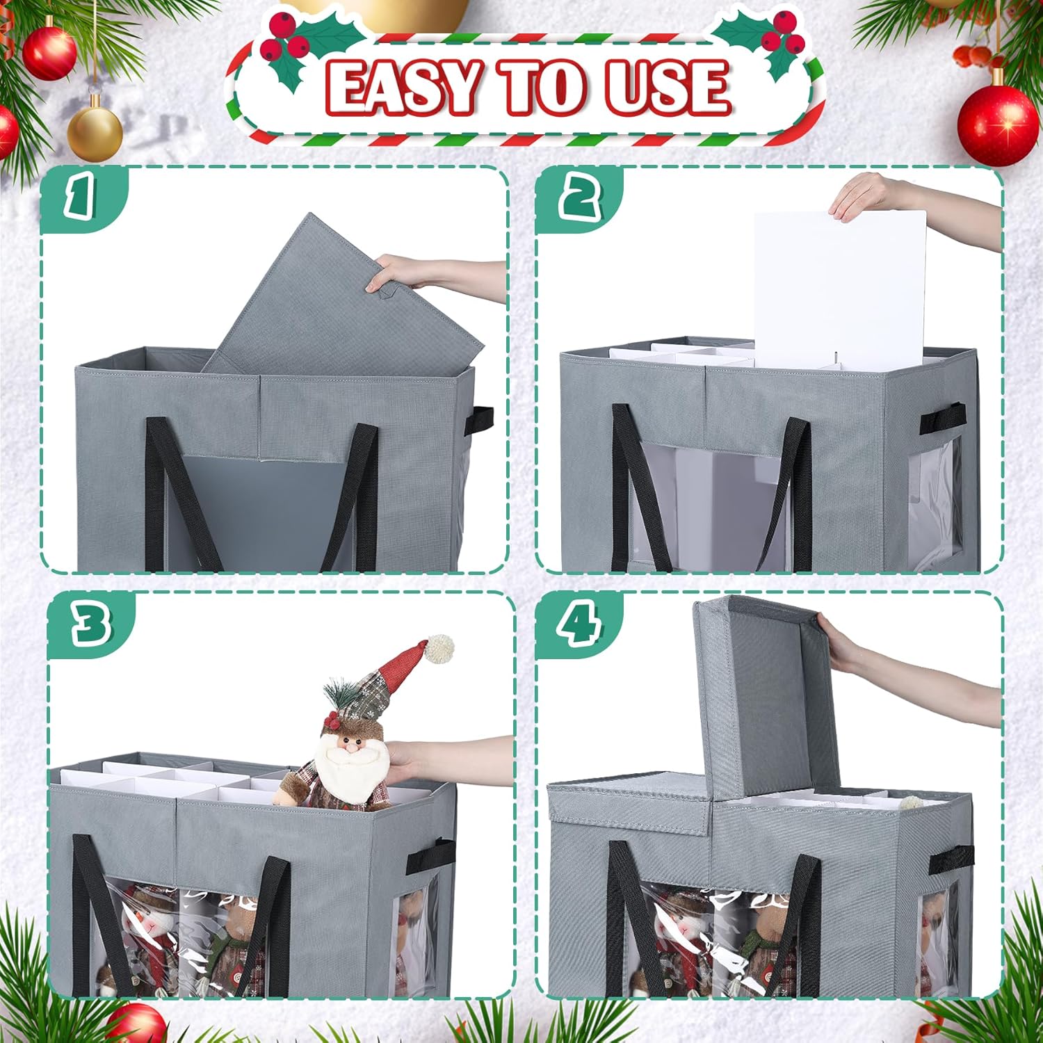 Christmas Figurine Storage Box, 24”x18”x15” Ornament Storage Box, 2025 UpgradeNutcracker Storage Box, Figurine Storage with Dividers, Adjustable Extent Area for Figurines and Pocket, Grey