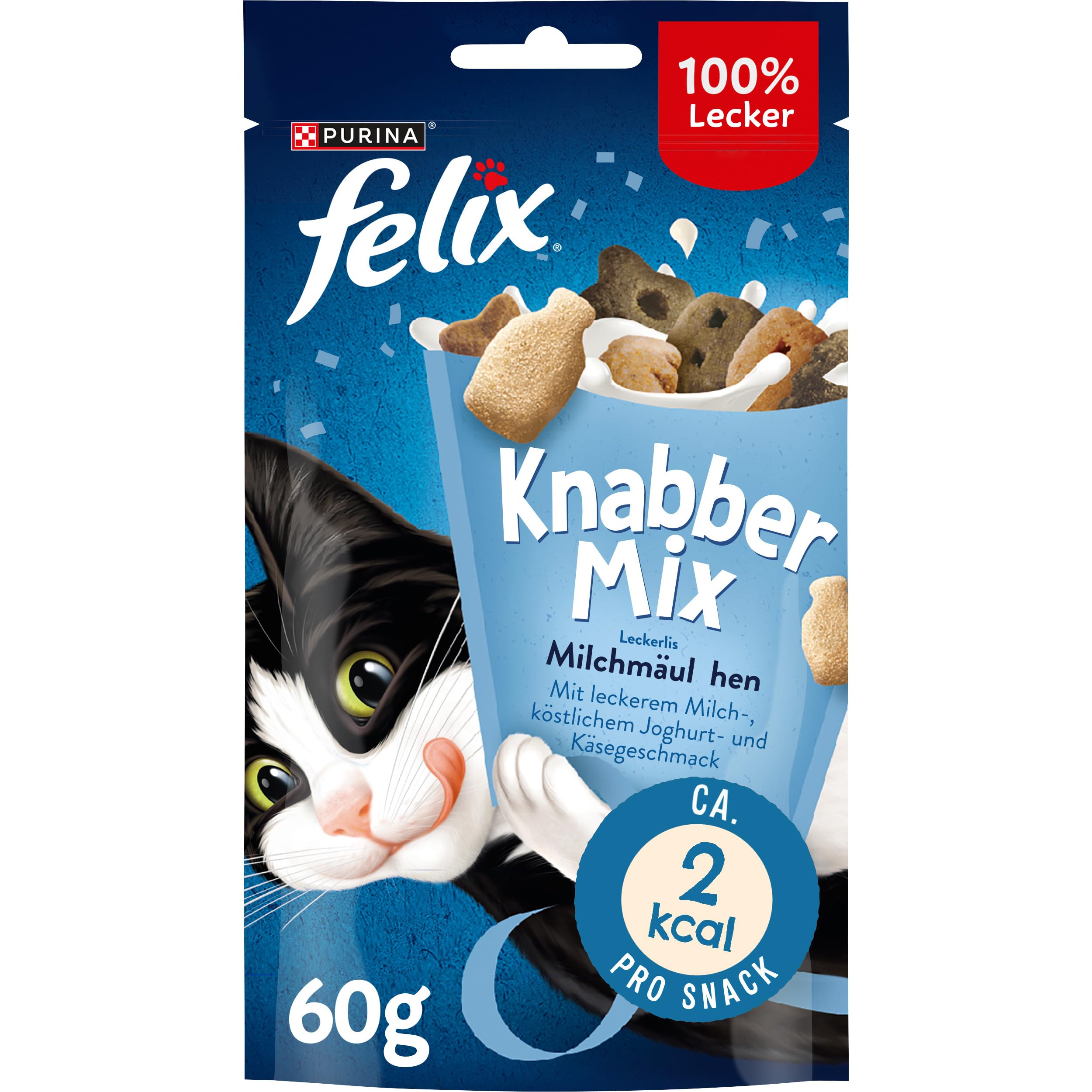 FELIX KnabberMix Milchmäulchen Katzensnack, Knusper-Leckerlie Laktosearm, 8er Pack (8 x 60g)