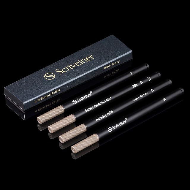 Scriveiner Rollerball Refill Black Broad - 4 Rollerball Refills Designed Pens - Safety Ceramic Non Dry Roller Pen Refill B - Schmidt 888 Size  Made in Germany