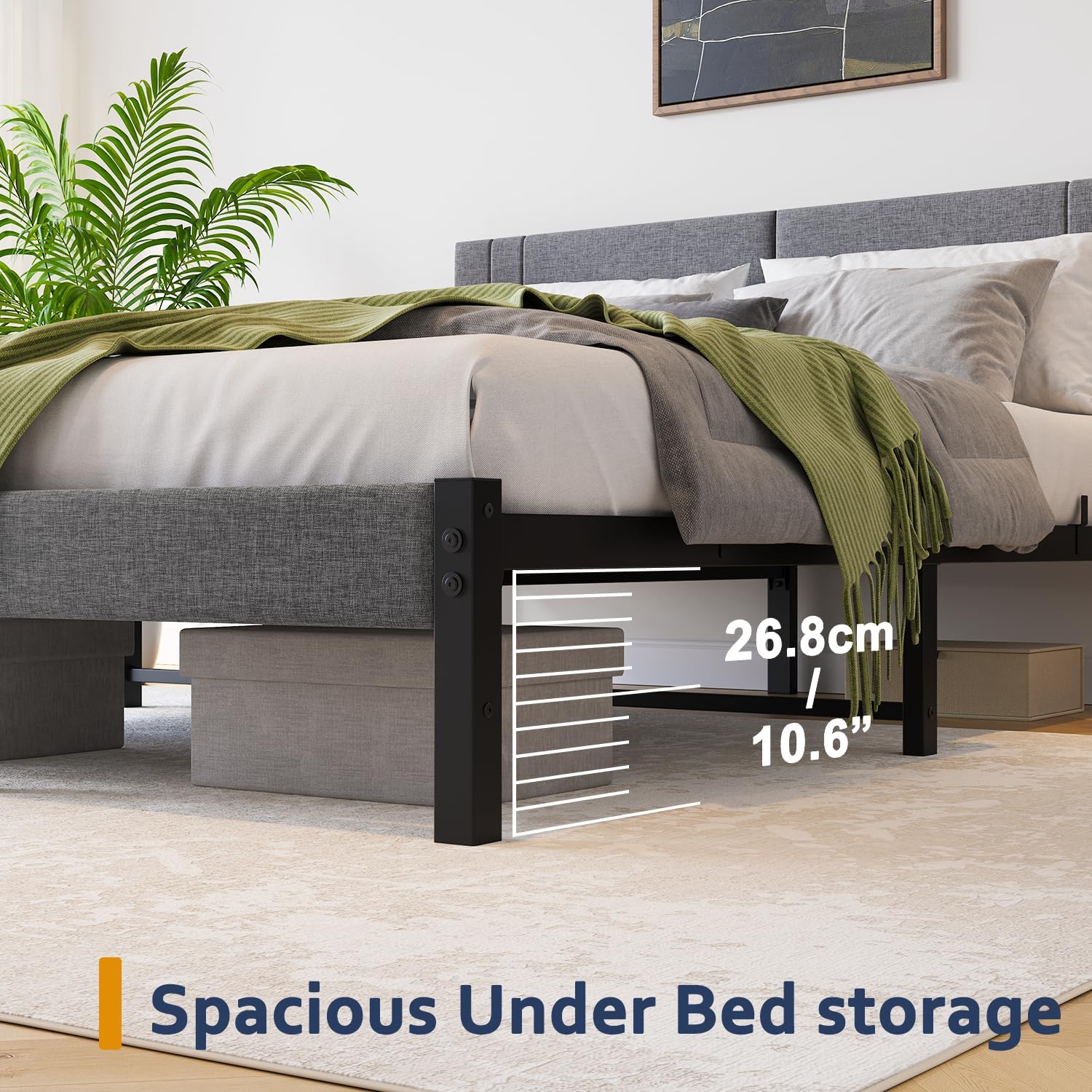 Queen Bed Frame, DUMEE Bed Frame Queen Size with Upholstered Headboard, Upholstered Bed Frame with Metal Slats Enhanced Support, No Box Spring Needed, Dark Gray Queen Bed - Image 8