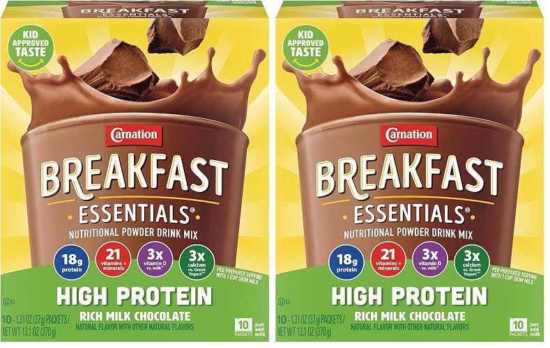 Carnation Breakfast Essentials High Protein Powder Drink Mix,Rich Milk Chocolate,10 Packets,(Pack of 12) - Rich Milk Chocolate - 10 Packets (Pack of 12)