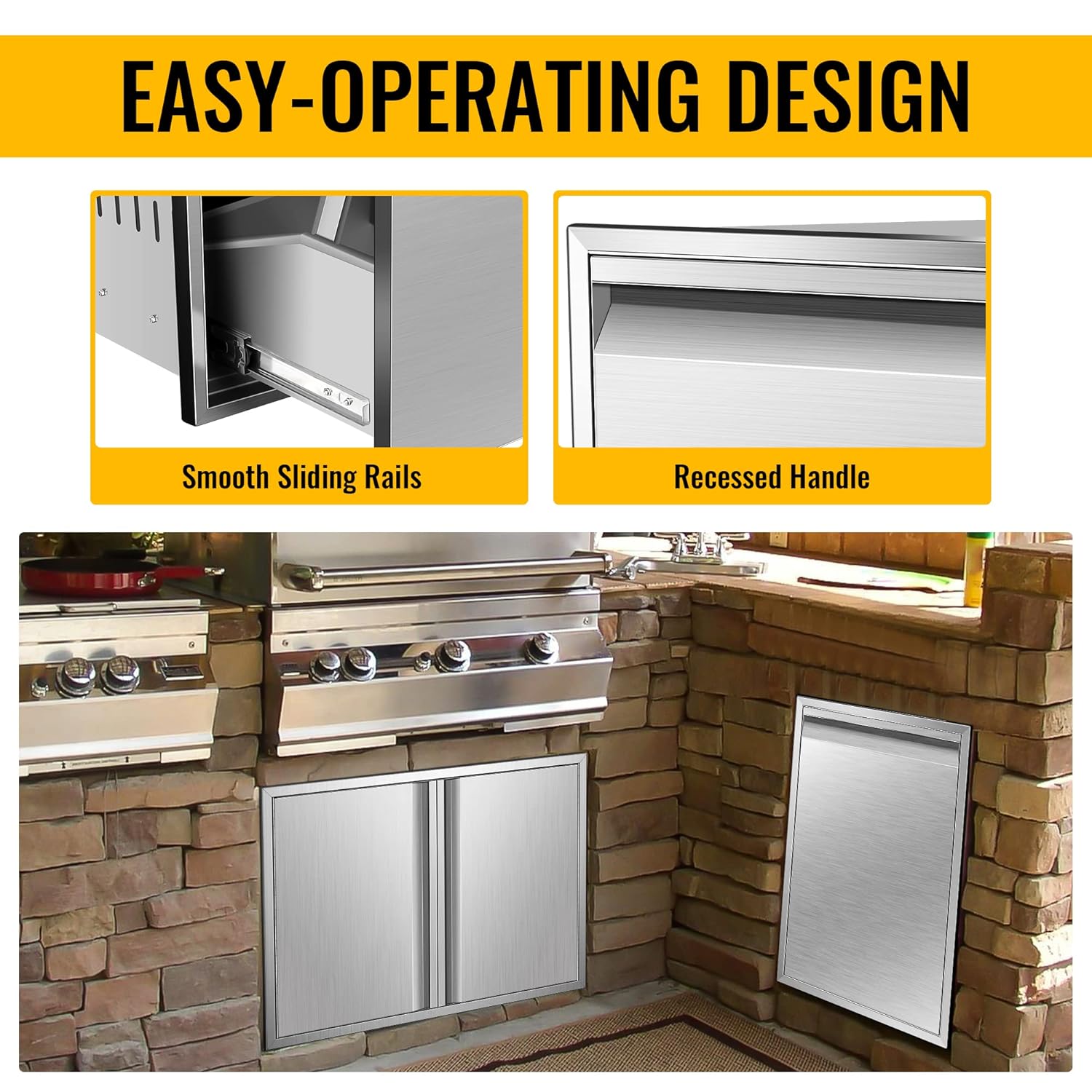 Pull Out Trash Drawer 16W x 22.3H x 18D inch, Built-in Single Trash Drawer, Outdoor Kitchen Trash Bin Storage, Stainless Steel Commercial Wastebasket