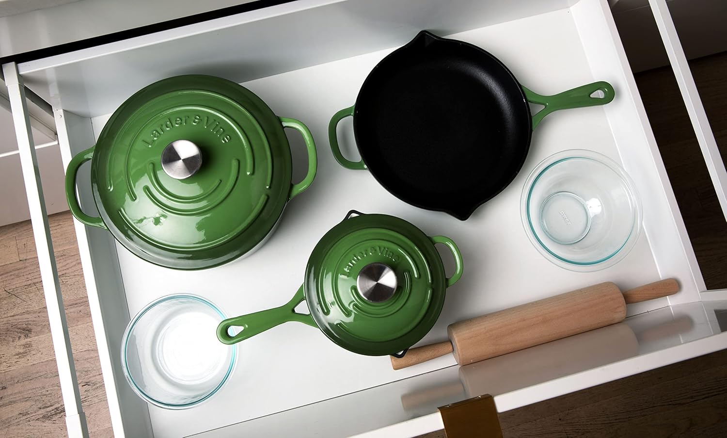 Larder & Vine 5-Piece Enameled Cast Iron Cookware Set - Includes 5.7 Quart Dutch Oven with Lid, 10.25 Inch Skillet, 2.2 Quart Saucepan with Lid (Okra)