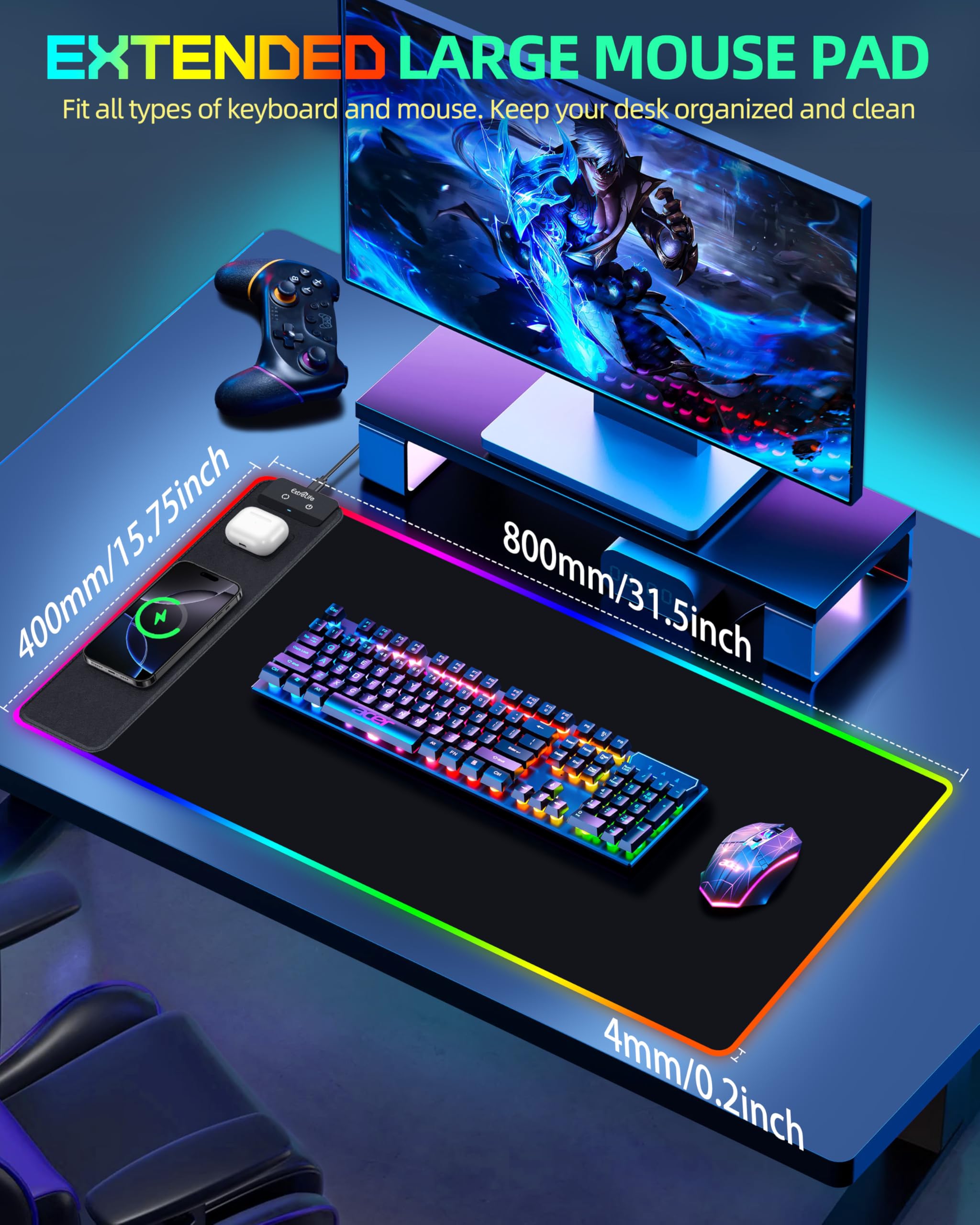 Alfombrilla de mouse RGB para juegos con carga simultánea para teléfono y Airpods, alfombrilla de mouse de carga inalámbrica de 15 W, alfombrilla de mouse LED con 13 modos de luz, alfombrilla de mouse