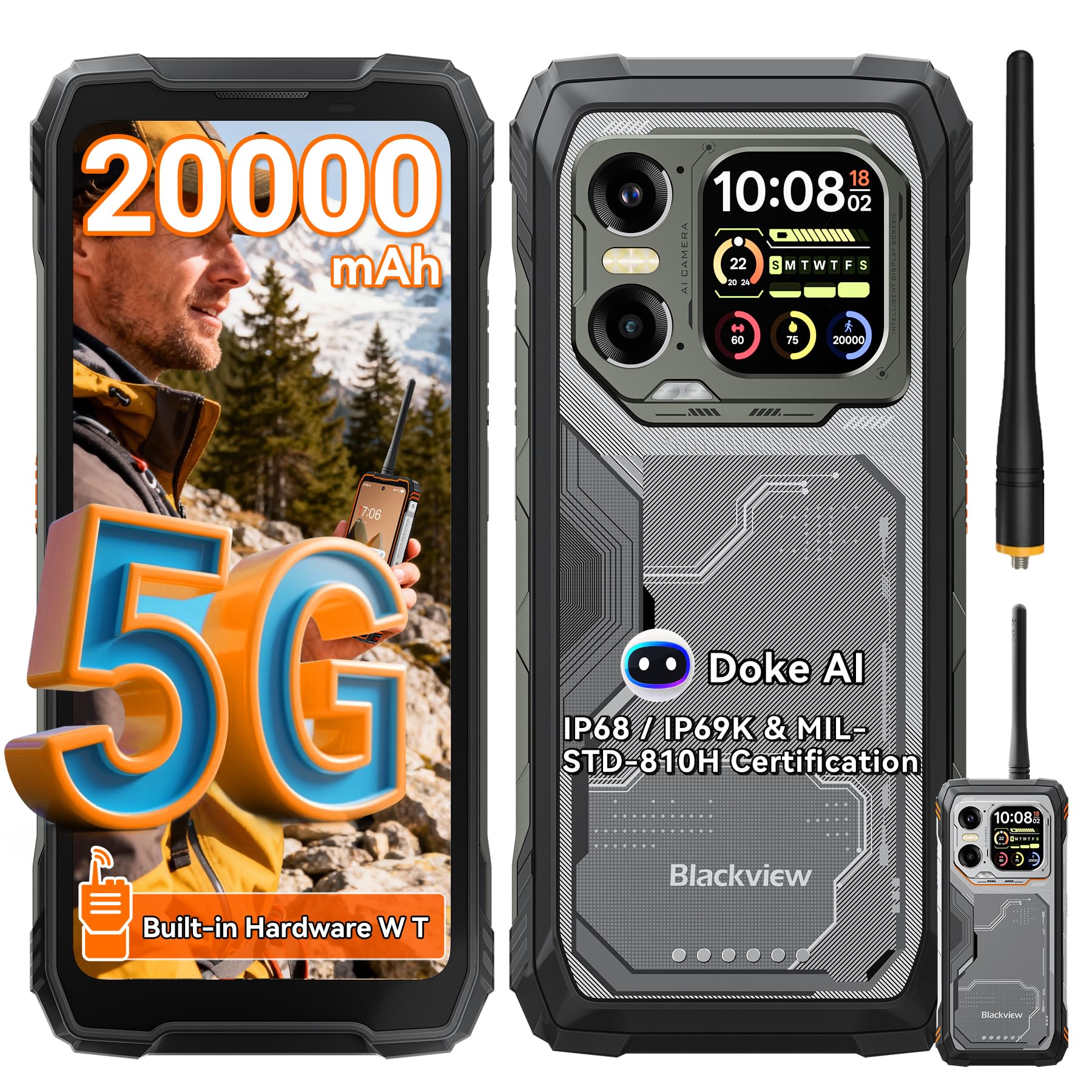 Blackview XPLORE 1WT Rugged Smartphone 5G, 20000mAh Rugged Smartphone, 48GB+512GB, 6.78" FHD+ & 2.01" 120Hz Android 15, IP69K, 64MP+50MP+20MP, NFC/OTG/GPS/AI