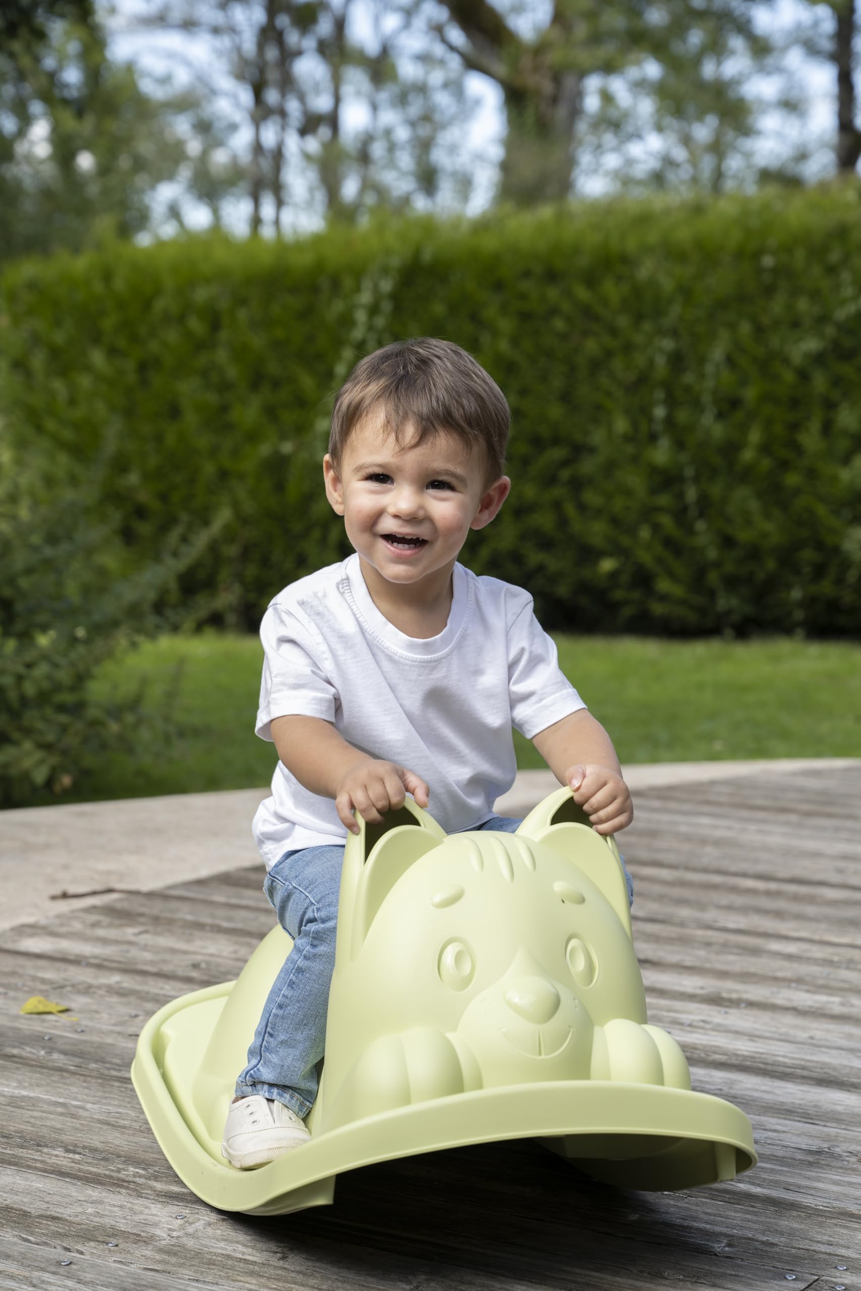 Smoby Life - Dondolo monoposto gatto Gatto, colore Verde, Seduta ergonomica, per bambini dai 18 mesi, con plastica Riciclata, 7600830108