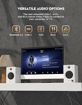 OHAYO 60W Computer Speakers for Gaming and Music, Active Bluetooth 5.3, Stereo 2.0 Speakers for Desktop PC Monitor or Laptop, Surround Sound Speaker, 3.5 mm Aux RCA Input, USB-Powered, 1 Pair, White