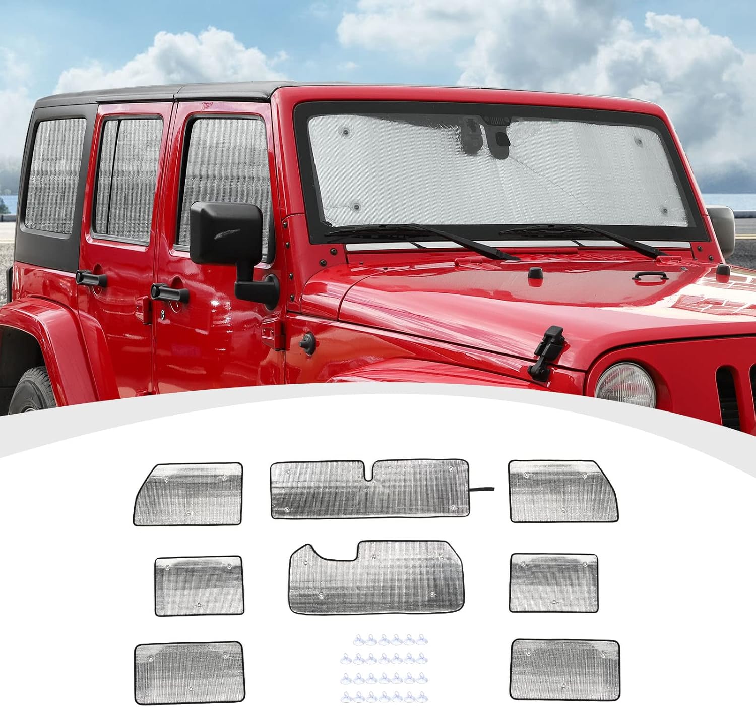 JK Windshield Sunshade, 8PCS Side Window Sun Shade Compatible with 2007-2017 Jeep Wrangler JK 4-Door