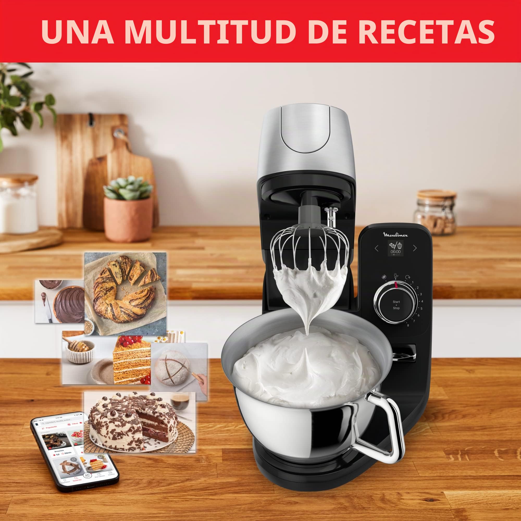 Moulinex Robot pastelero, Cuenco de acero inoxidable 5.5 L, 8 programas recetas básicas, Tecnología patentada, Silencioso, Robusto, Aplicación gratuita con coaching, Coach QA900810 | Amasadora inteligente con 8 programas automáticos - Robot de cocina y pa