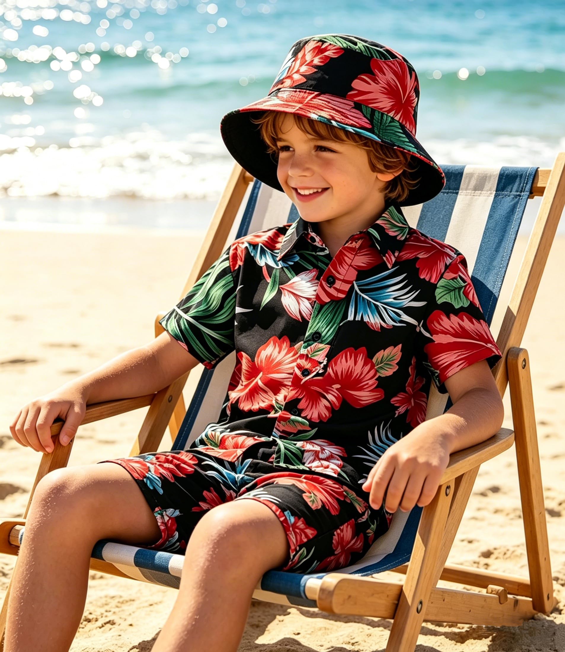 Ensemble chemise hawaïenne boutonnée à manches courtes et short avec chapeau cloche pour garçon
