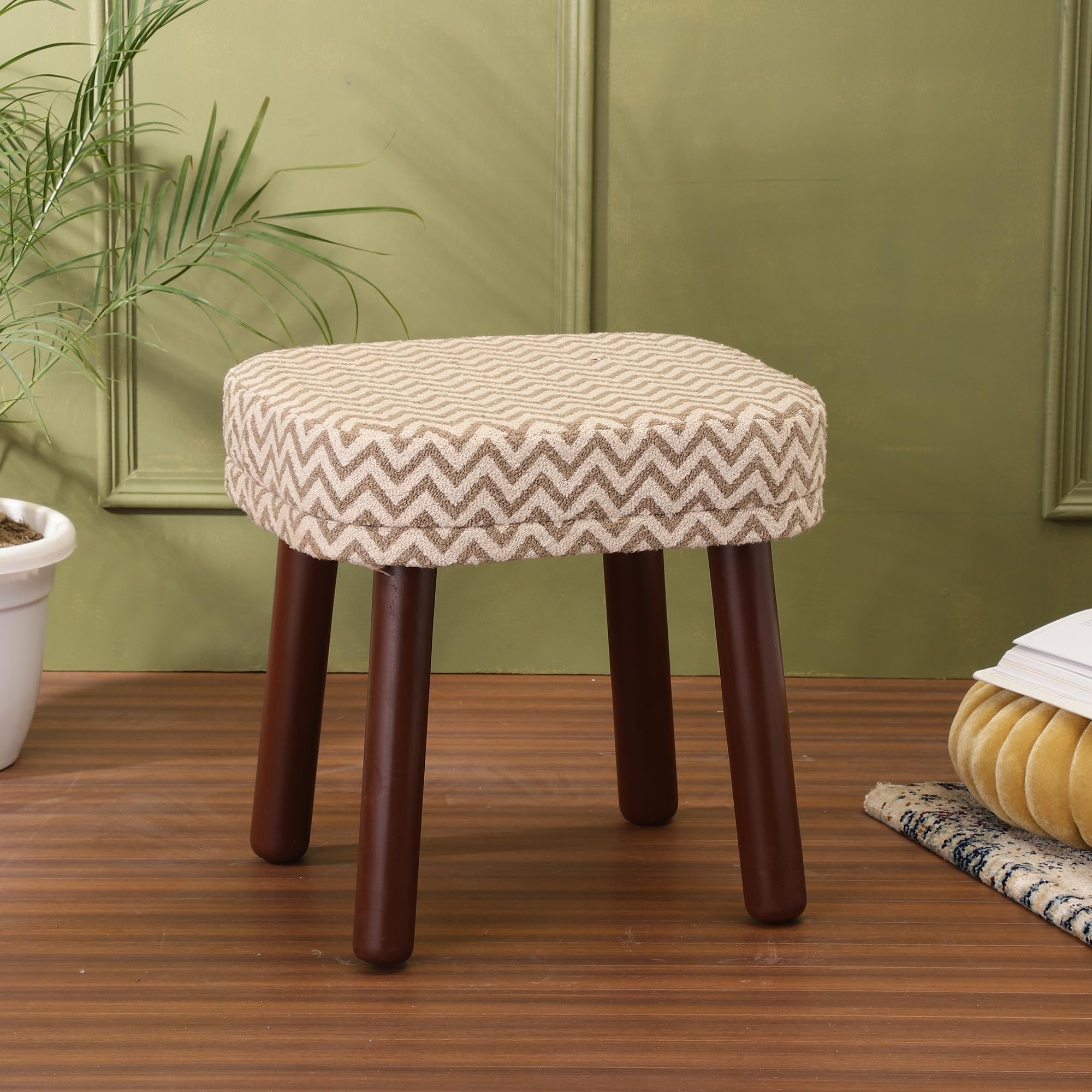 LUSHLIN Big Leg Rectangle Beige Brown Jacquard Ottoman Stool for Living Room | Cotton Cushioned Wooden Pouffe for Bedroom | Stylish Puffy Sitting, Side Seat & Home Décor Furniture