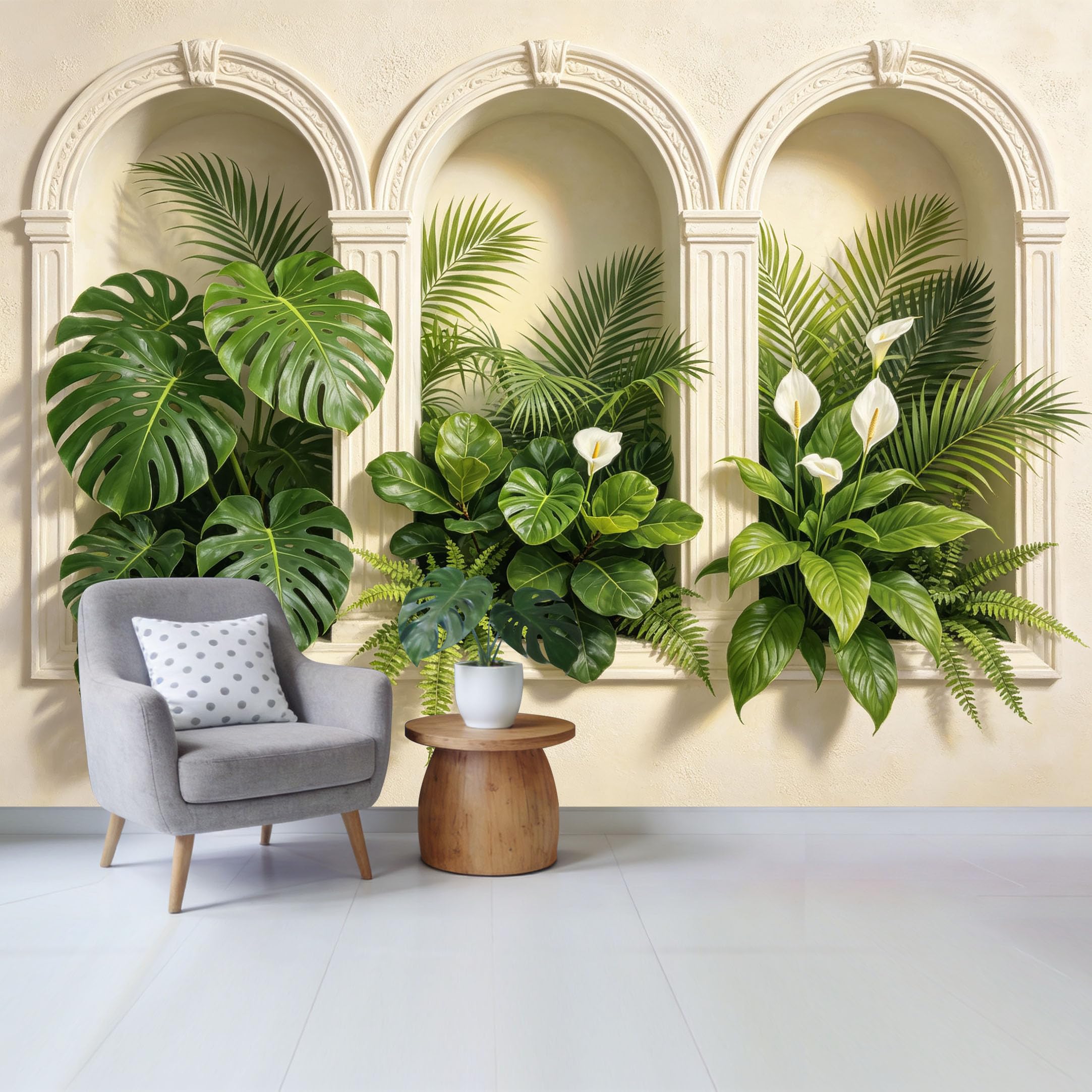 Custom Size Wall Mural Tropical Botanical Green Leaves Arch Window 3D Effect Removable Self Adhesive Fabric Home Wall Decor for Living Room Bedroom Bathroom