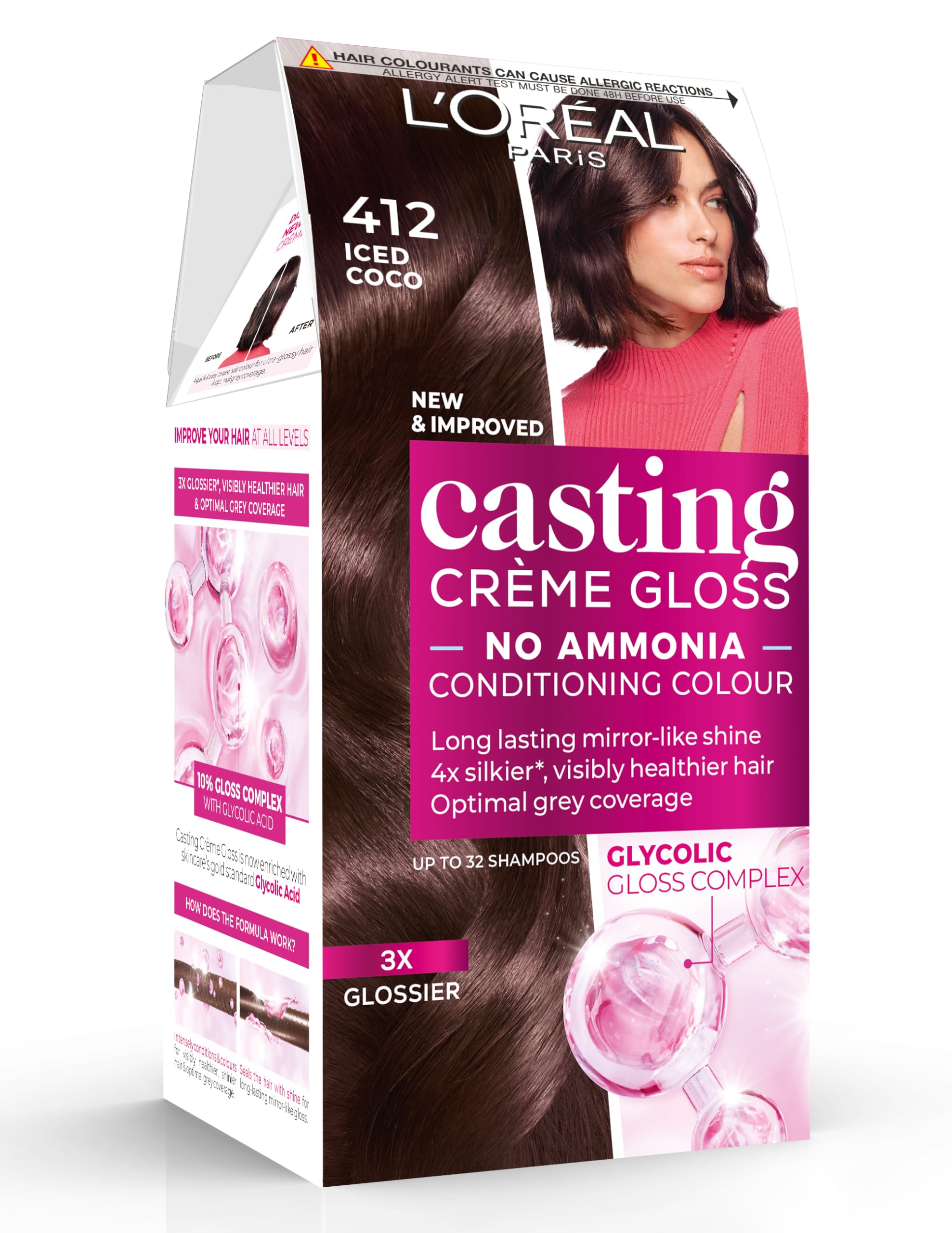 L'Oréal Paris Hair Dye, Casting Crème Gloss, Semi-Permanent Hair Color, Radiant & Natural Colour, No-ammonia, Semi-Permanent Hair Colour Lasts 32 Washes, Shade: 412 Iced Cocoa