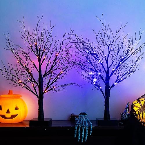 PEIDUO Halloween Decorations Indoor, 2PK Black Halloween Tree with 24 Orange Purple Lights, Lighted Halloween Trees Battery Operated with Timer for Indoor Home Tabletop Desk Decor - Blake Tree -2