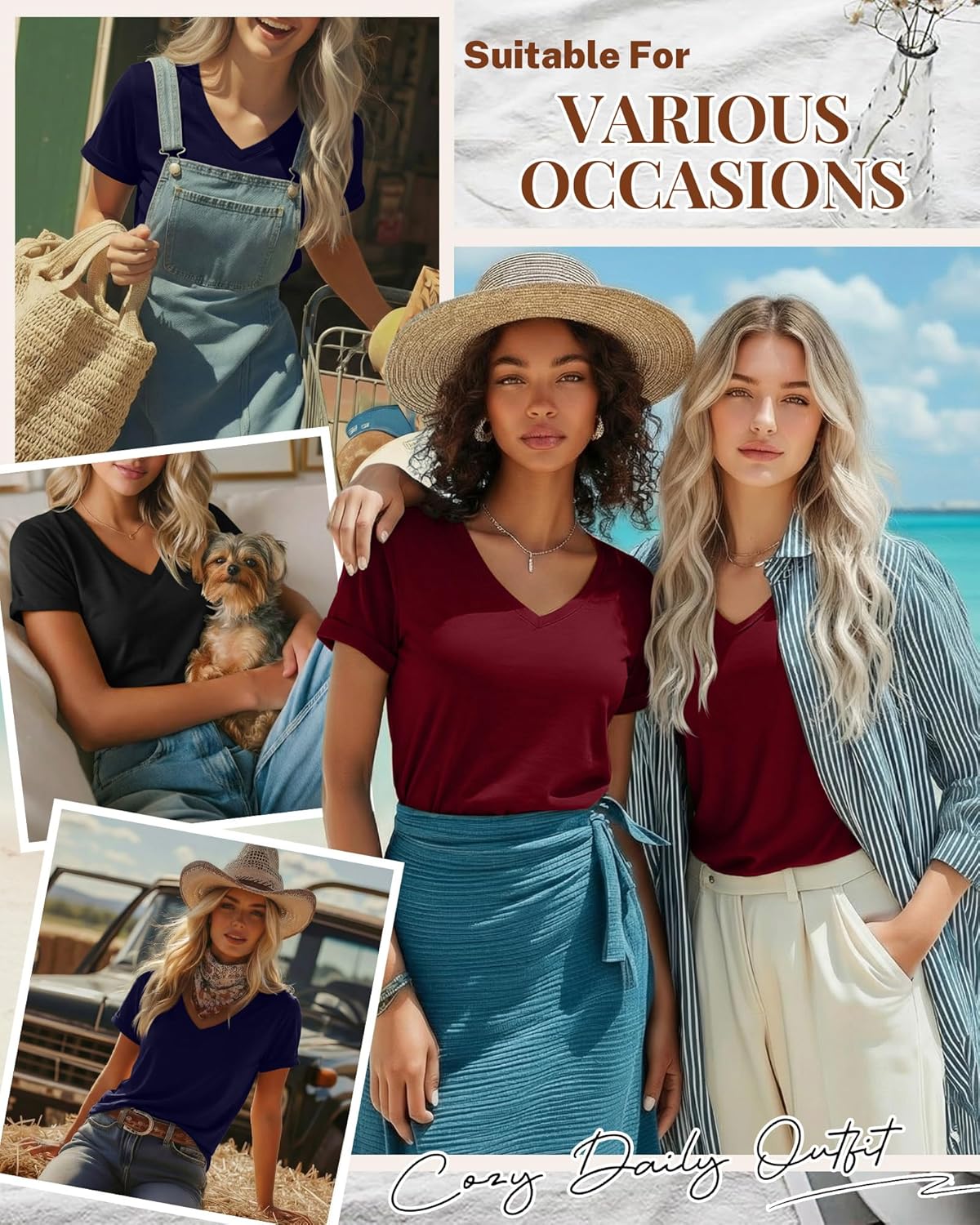 Ficerd 3 Pack Women's V Neck T Shirts, Summer Casual Short Sleeve Tops Loose Fit Rolled Sleeve Tees Trendy Shirts - Image 4