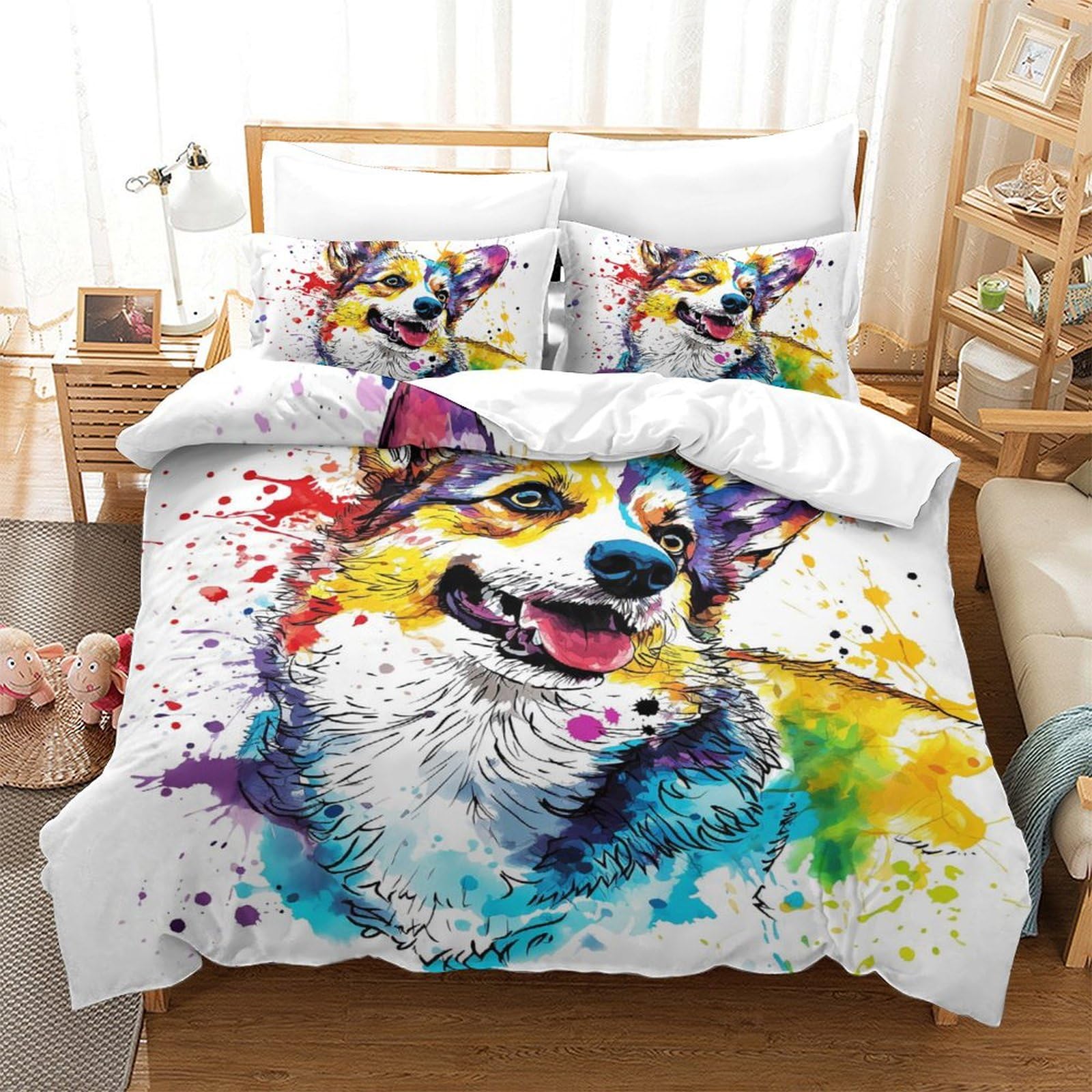 Housse de couette Corgi 3D finie la couette qui glisse parure zippée 200x200cm