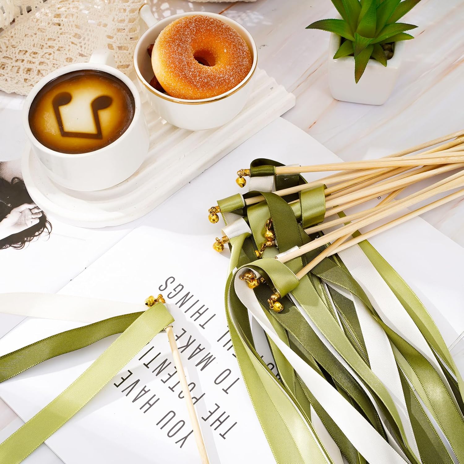 Whaline 40Pcs Wedding Ribbon Sticks with Bells White Sage Green Streamers Fairy Stick Wands Ribbon Tassel Wands for Baby Shower Send Off Party Activities Holiday Celebration Supplies