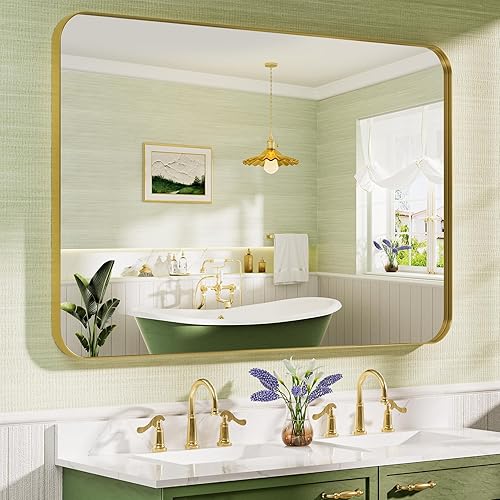 REYPEK Espejo de baño dorado de 22 x 30 pulgadas, espejo de pared dorado con marco de metal cepillado, espejo rectangular grande y redondeado para