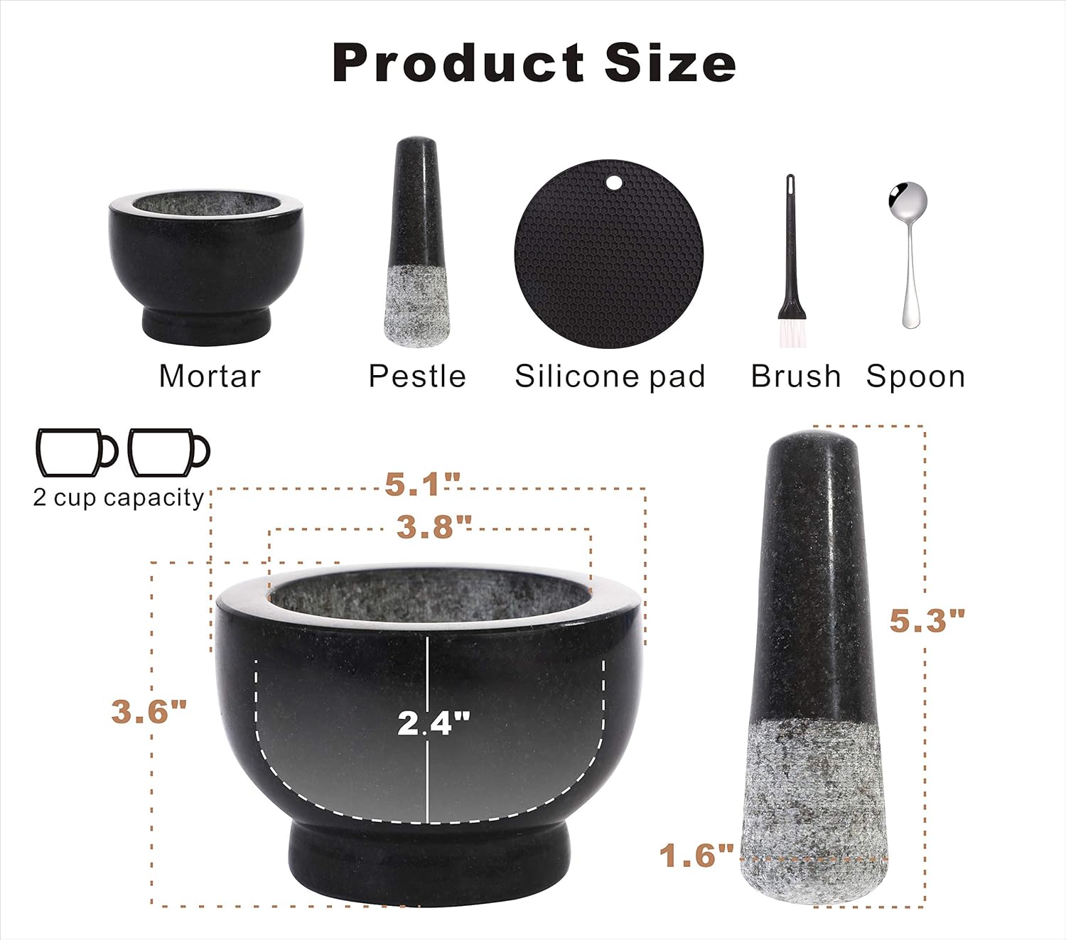 Mortar and Pestle Set Natural Granite Guacamole Molcajete Bowl for Kitchen Herbs Pestos and Spices Grinder Include Non-Slip Silicone Mat Spoon Brush 5.1inch (13x9cm, Polished) : Home & Kitchen