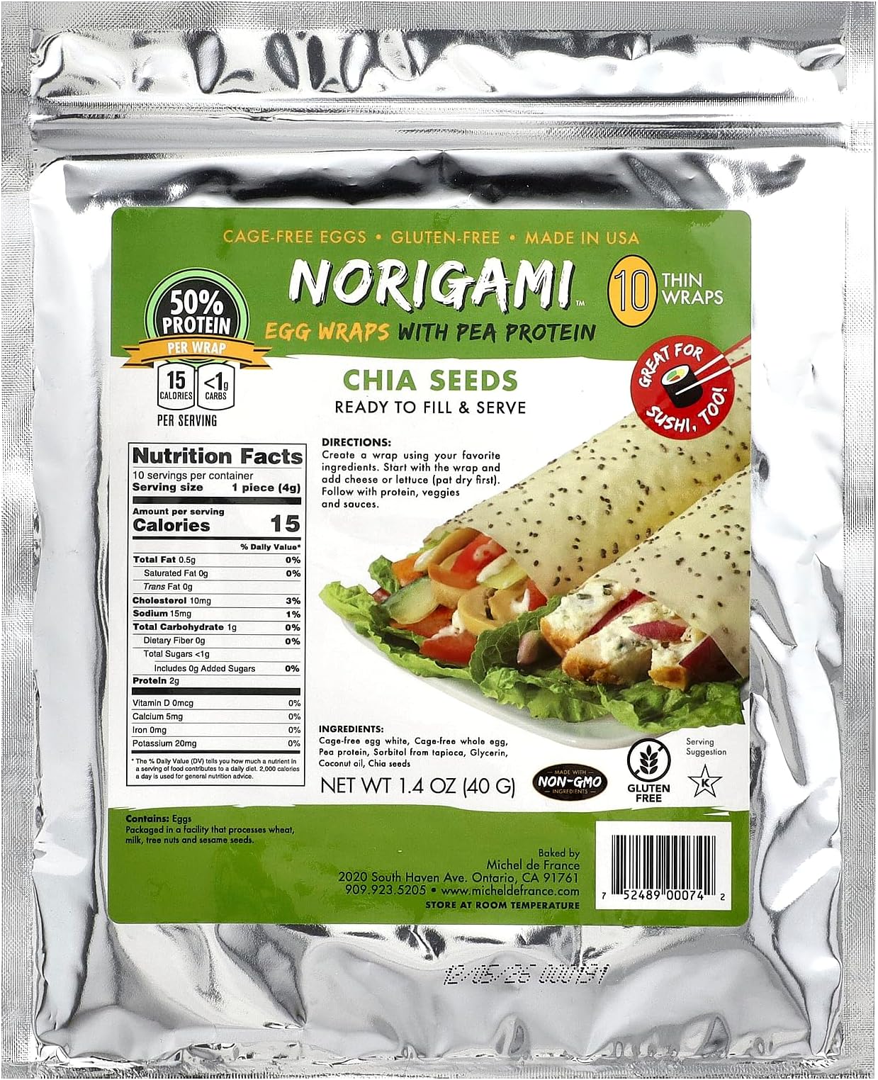 Norigami Egg Wraps with Pea Protein โ Chia Seeds. High Protein, Low Carb, Vegetarian. Thin Healthy Wraps -Certified Kosher, Non-GMO, Gluten Free -NOW Featuring 10 Wraps in a bag.