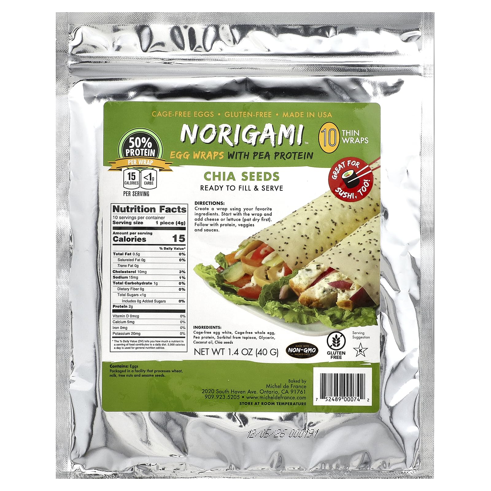 Norigami Egg Wraps with Pea Protein – Chia Seeds. High Protein, Low Carb, Vegetarian. Thin Healthy Wraps -Certified Kosher, Non-GMO, Gluten Free -NOW Featuring 10 Wraps in a bag.