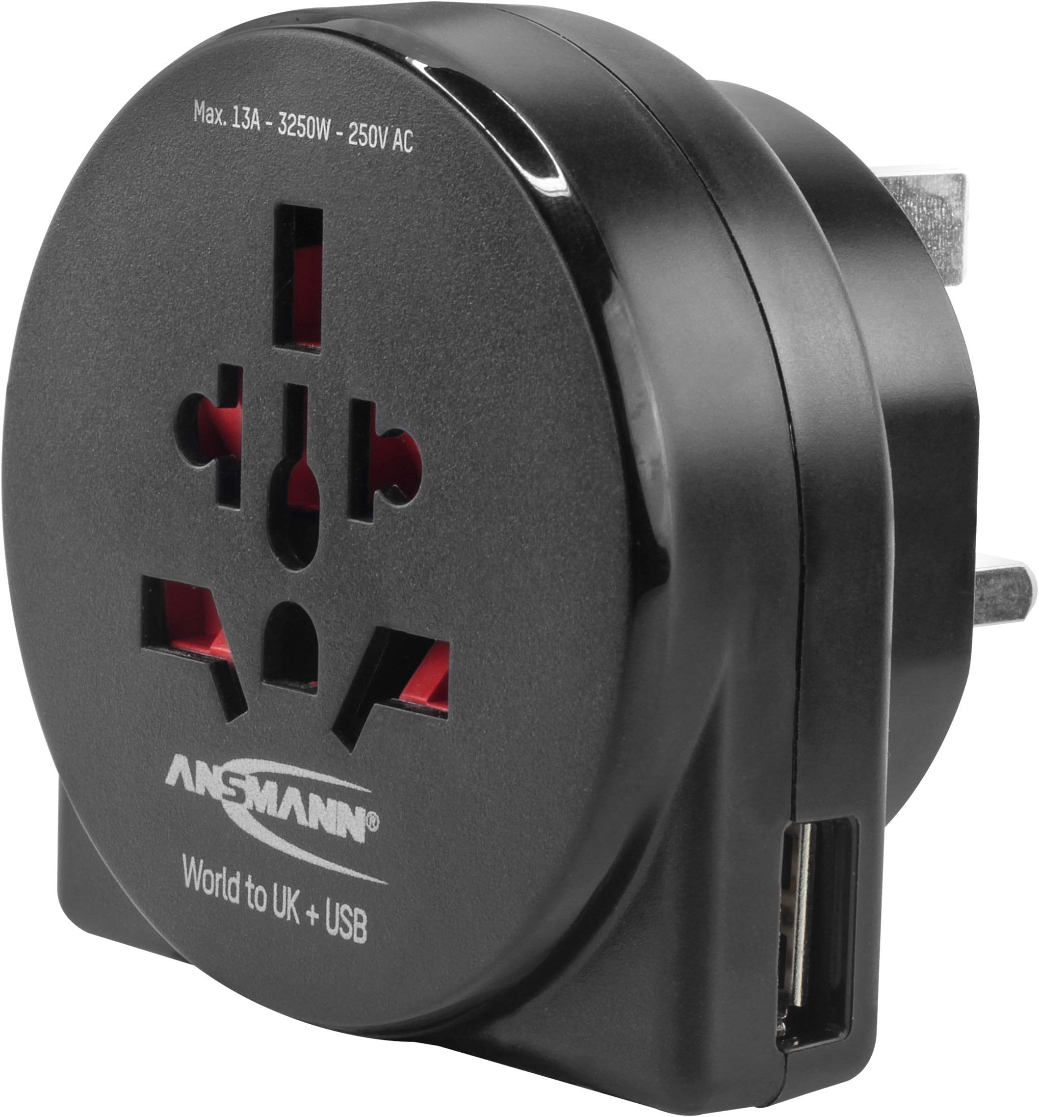 AnsmannTravel Adapter "World to UK" with USB Socket | Suitable use in UK & Countries with 3-Pin Plug | Adaptor Converts Most Country Plugs To Plug Type G for Business/Private Travel - 3 Year Warranty