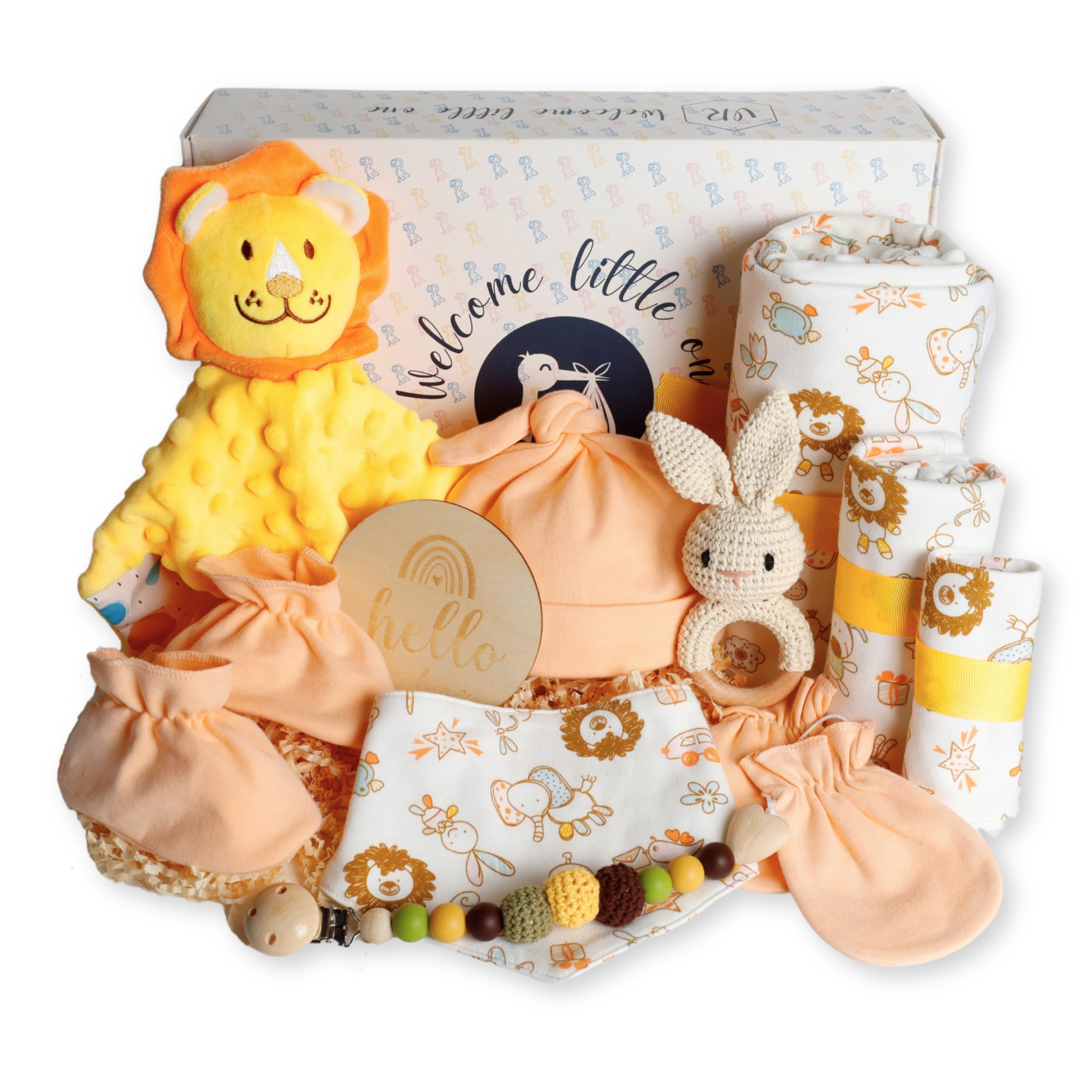 veviur Baby Geschenkset, Neugeborenen Geschenk, Baby Geschenk Mädchen und Junge – mit Kuscheltier, Rassel, Schnullerhalter, Decke und Lätzchen (GELB)
