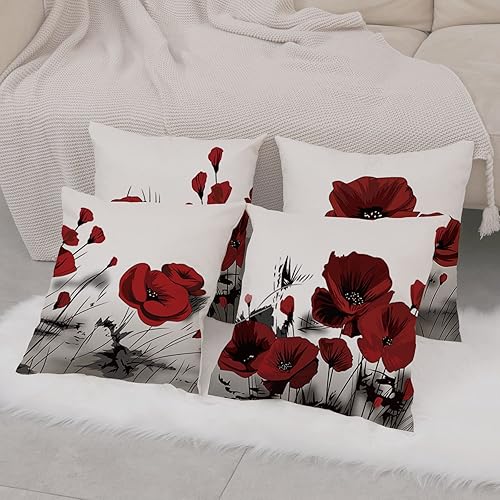 Miniatura 7 de Juego de 4 fundas de almohada florales de amapola de 20 x 20 pulgadas, diseño de plantas de flores negras y rojas, retro, encantadoras, de verano,