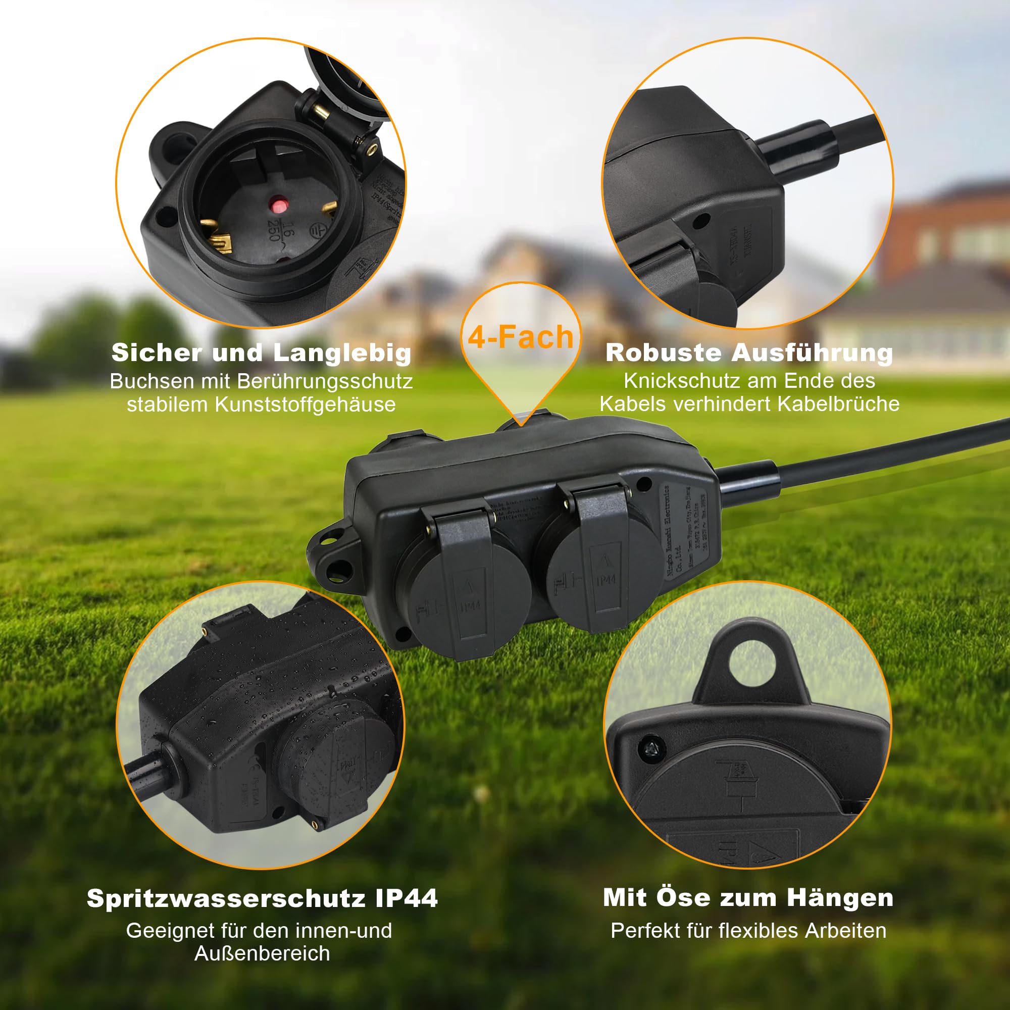 XUANSHI Bloque de 4 enchufes – IP44 para exteriores, con cable alargador de goma, enchufe exterior, distribuidor de enchufes para ambientes húmedos, distribuidor de corriente para jardín (10 m, negro)
