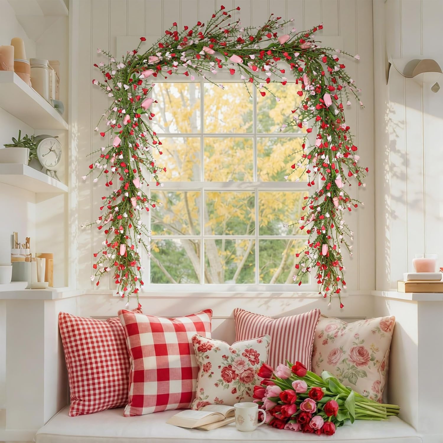 5 ft Valentine Tulip Garland for Mantel Pink Floral Garland with Tuilps Heart Berry Decorations for Valentine's Day Indoor Wedding Party Stairs Table Fireplace
