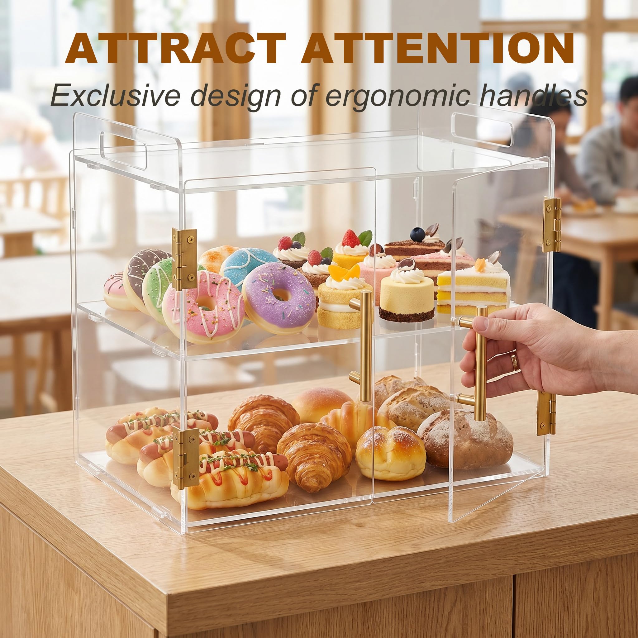 Vetrina da banco a 2 livelli con porta automatica elastica, vetrina per pasticceria in acrilico, per pane, dessert, cucina, bagno e trucco