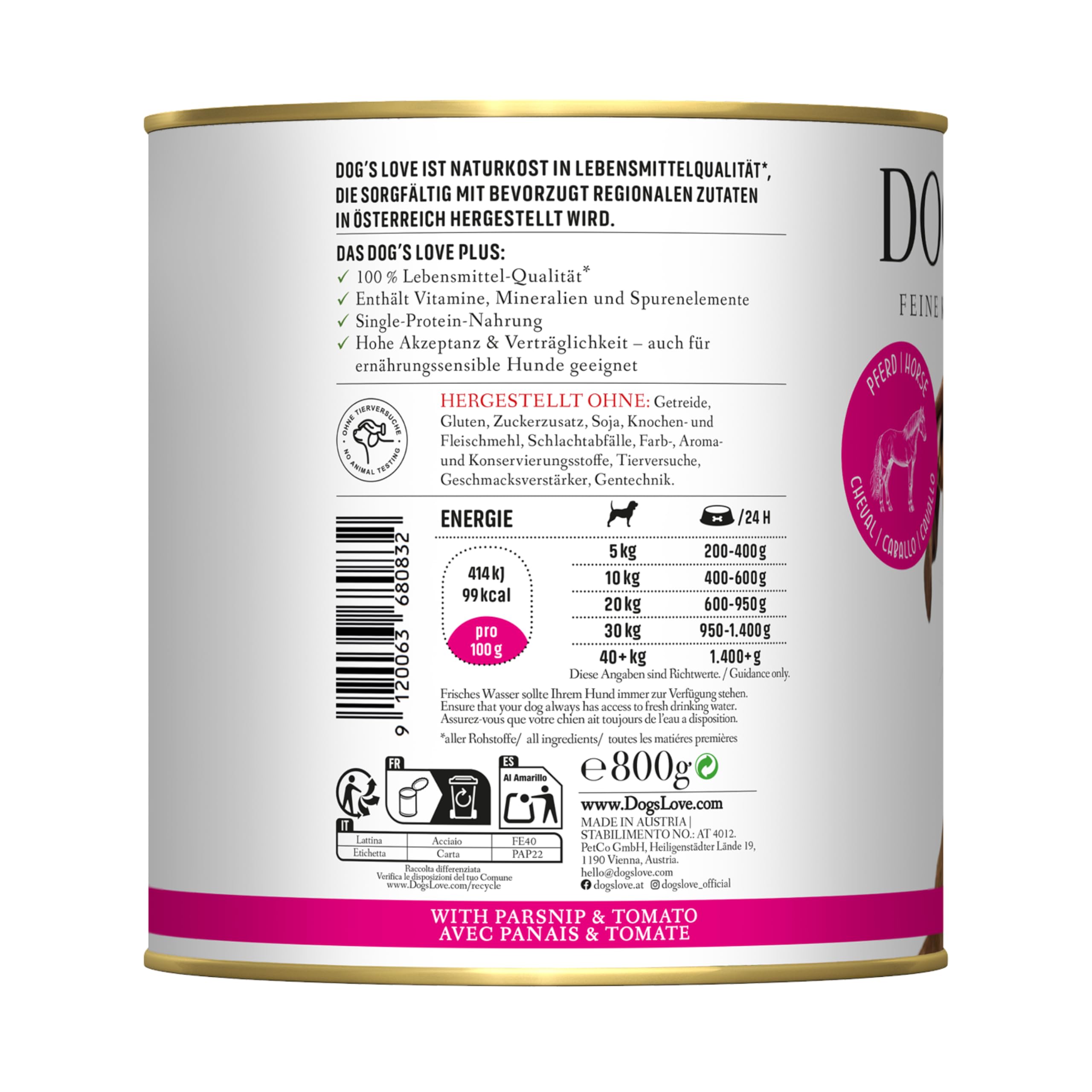DOG'S LOVE Hunde-Nassfutter Pferd 6 x 800g | ohne Getreide & Zucker