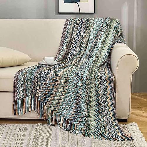 Miniatura 4 de Manta bohemia de punto con borlas, para exteriores, reversible, suave, acogedora, ligera, para sofá o cama, para todas las estaciones, color azul,