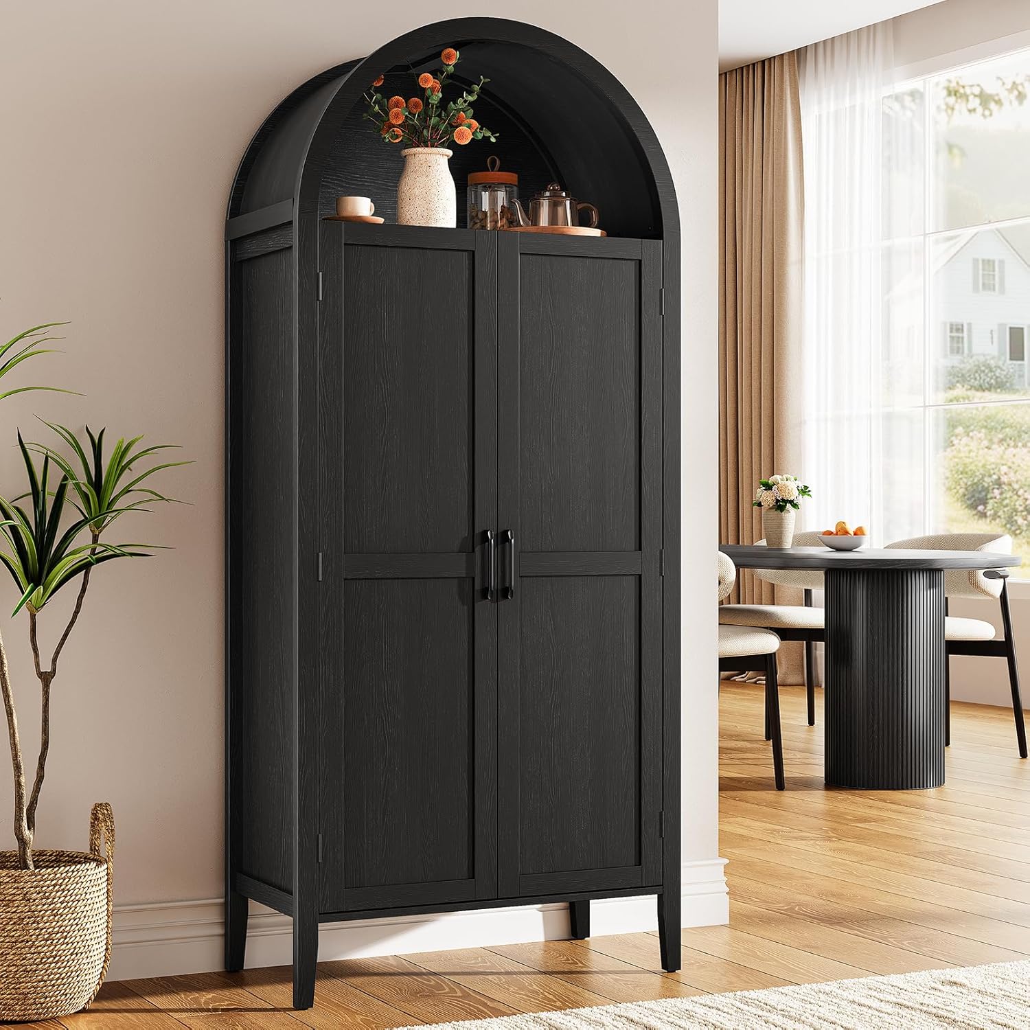 ONBRILL 71" Tall Arched Kitchen Pantry Cabinet, Arched Cabinet Storage Pantry with 2 Pull-Out Shelves, 6 Door Shelves, Organizer, Freestanding Versatile Cupboard for Kitchen, Dining Room, Black