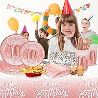 Vista 2 de Decoraciones de cumpleaños número 10 para niña (total de 121 piezas), suministros de cumpleaños de oro rosa, platos, servilletas, vasos, pajitas